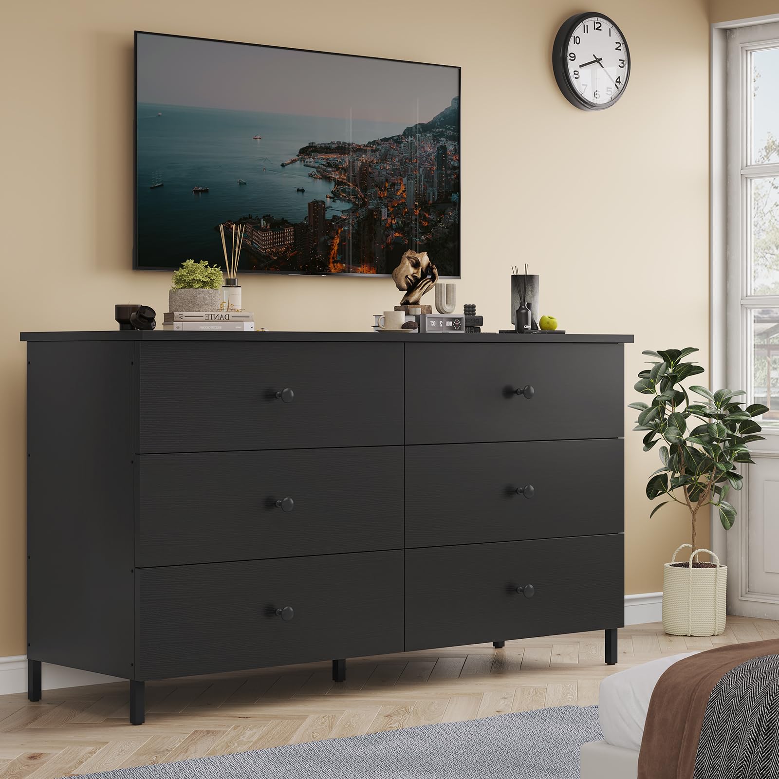 Hasuit 6-Drawer Double Dresser - Solid Wood Chest with Heavy Duty Steel Frame - Large Capacity Storage Organizer for Bedroom, Living Room & Entryway - Perfect for Clothes, Linens, and Home Organization