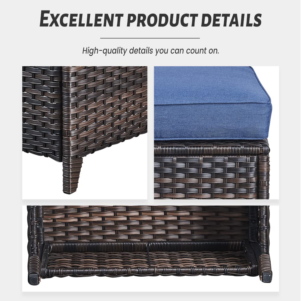 All-Weather Outdoor Furniture Ottoman Set of 2 - Patio Seating Footstool with Soft Cushions, Rattan Wicker Ottoman Seat for Garden, Deck, Poolside & Backyard Relaxation
