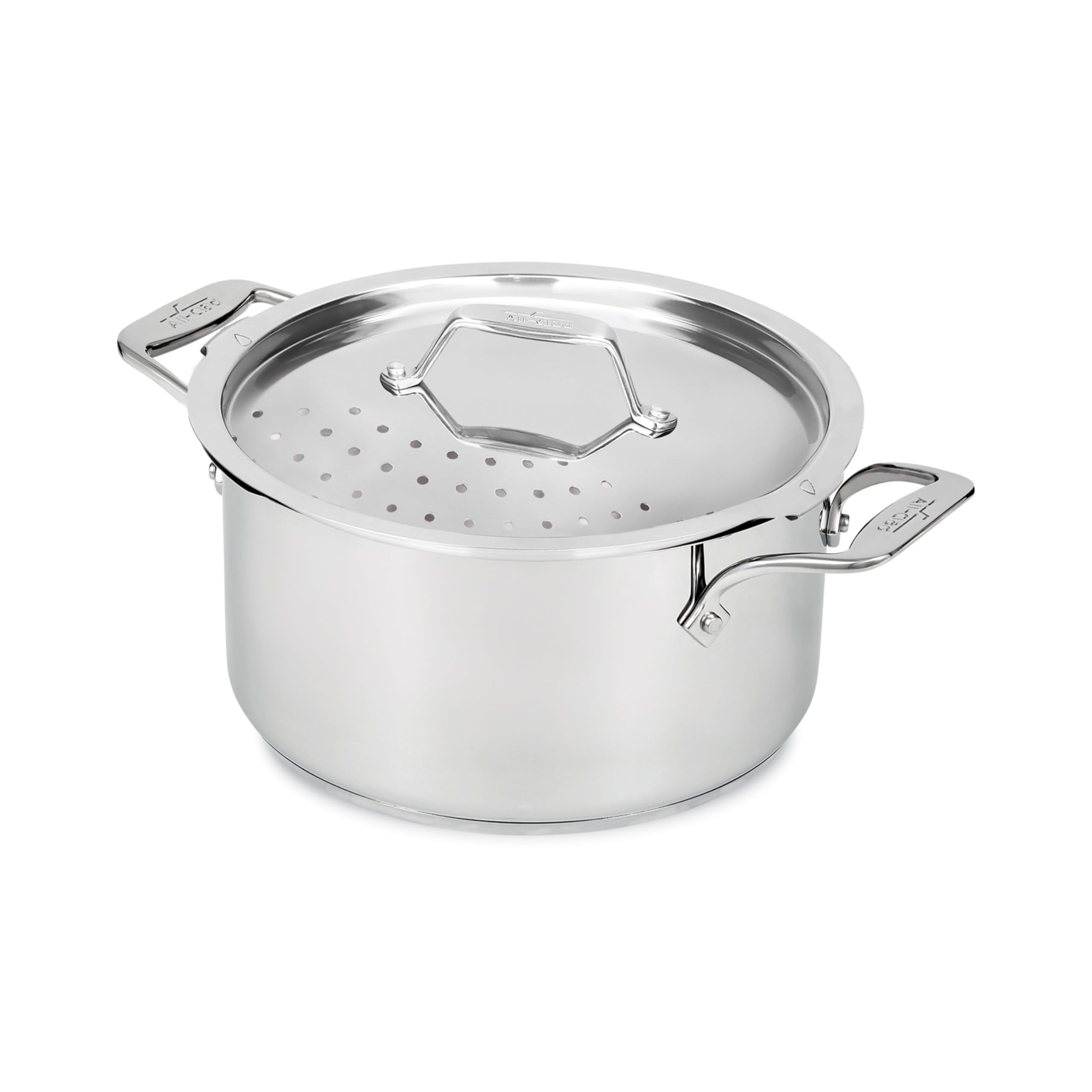 All-Clad 6-Quart Stainless Steel Multipot with Straining Lid - Induction Compatible, Oven & Broiler Safe up to 600°F - Pasta Strainer, Steamer Pot & Cookware for Home Kitchen - Perfect for Cooking Pasta, Steaming Vegetables & One-Pot Meals