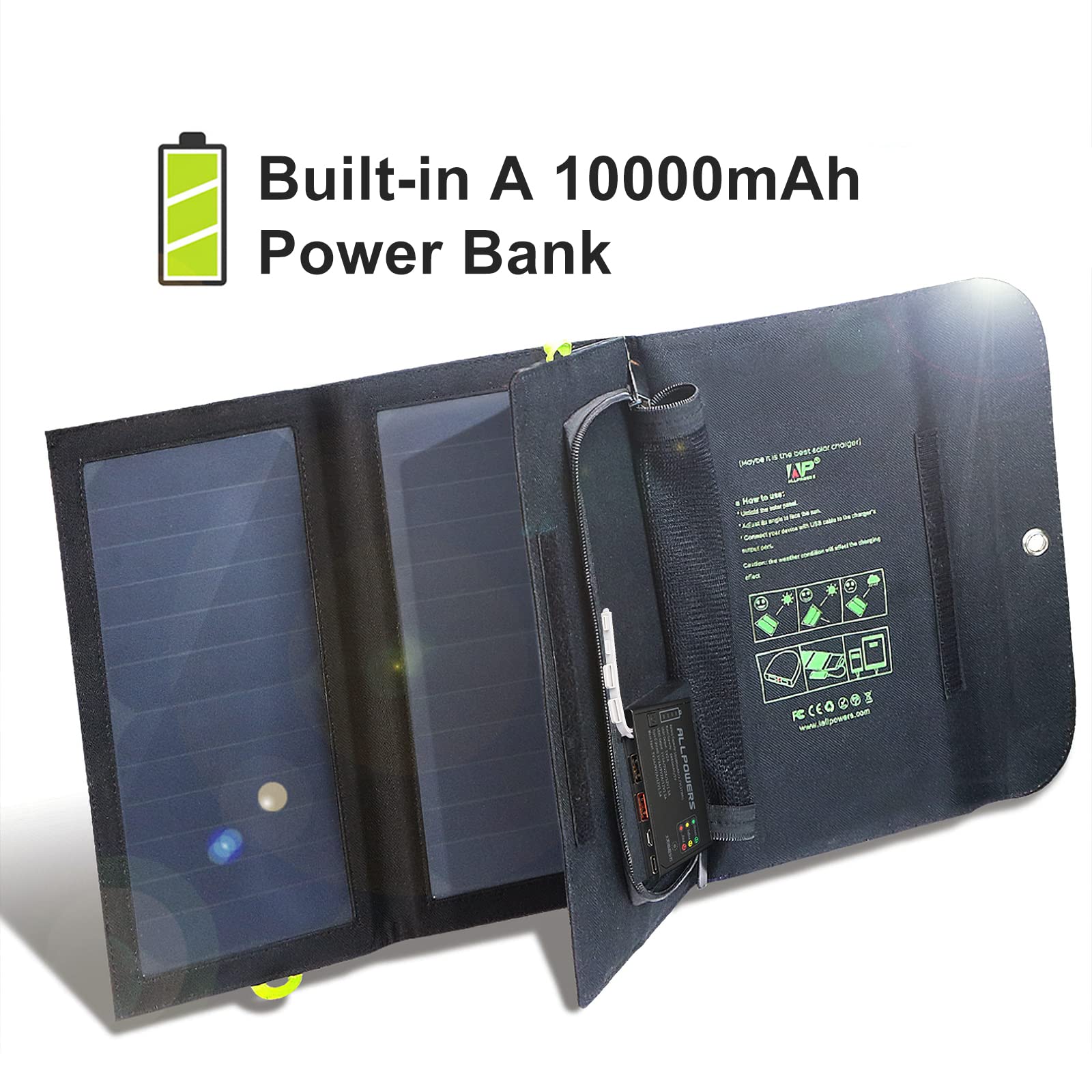 ALLPOWERS 21W Solar Charger with 10000mAh Power Bank - 3 Fast Charging Ports (USB-A/USB-C) | IP66 Waterproof Portable Solar Panel for Camping, Hiking, Outdoor Adventures | Compatible with iPhone, iPad, Samsung, Earbuds & More | Perfect for Emergency Power, Backpacking & Off-Grid Charging