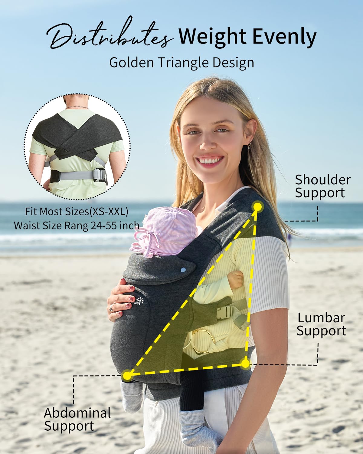 GROWNSY Ergonomic Baby Carrier - Soft & Cozy Infant Wrap for Newborn to Toddler with Head Support - Deep Grey - Perfect for Hands-Free Parenting, Shopping & Outdoor Adventures