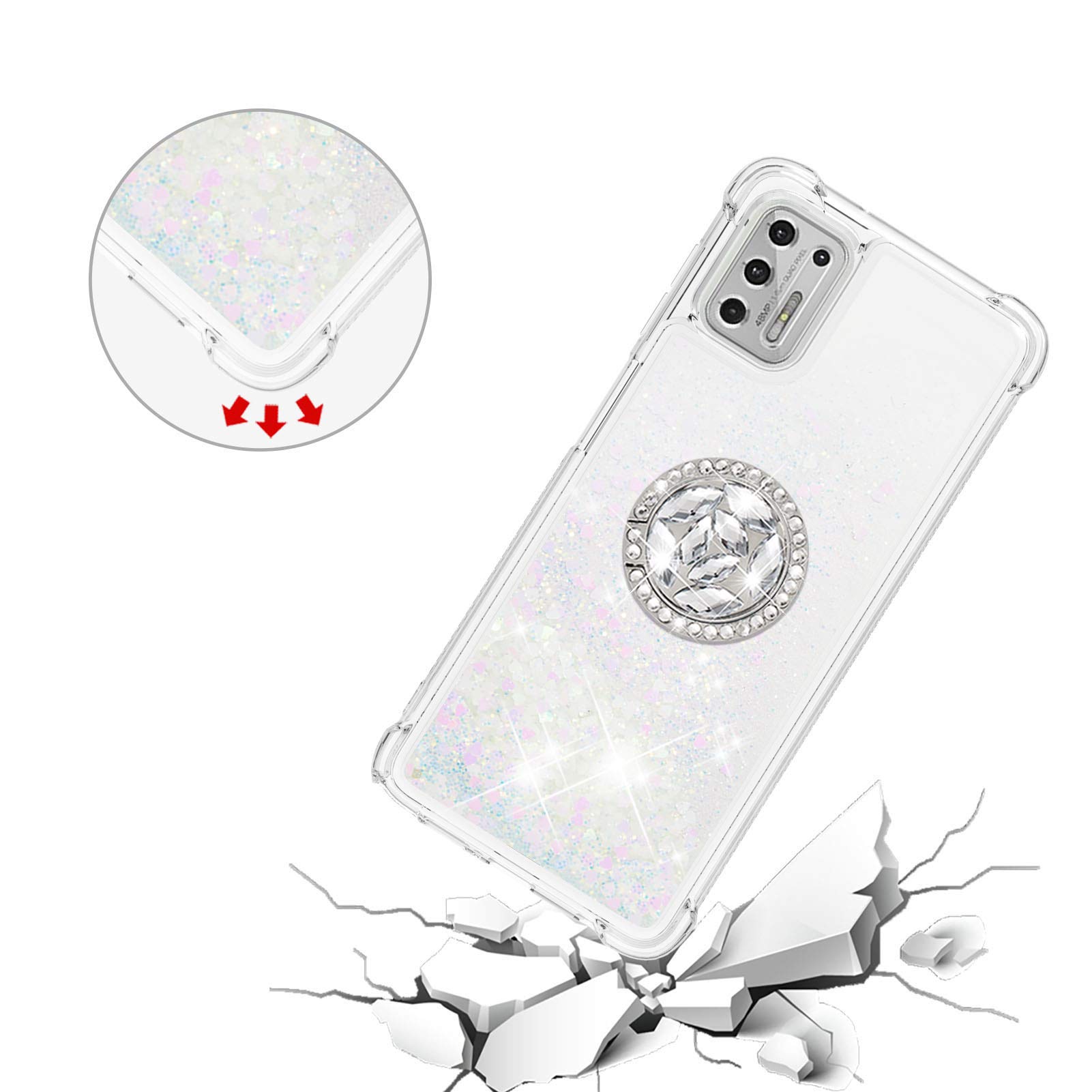 Sparkly Clear Glitter Phone Case for Motorola G Stylus 2021 - Liquid Quicksand Bling Cover with Diamond Ring Holder & Rugged Protection | Stylish Protective Case for Women Girls | Perfect for Daily Use, Work & Parties