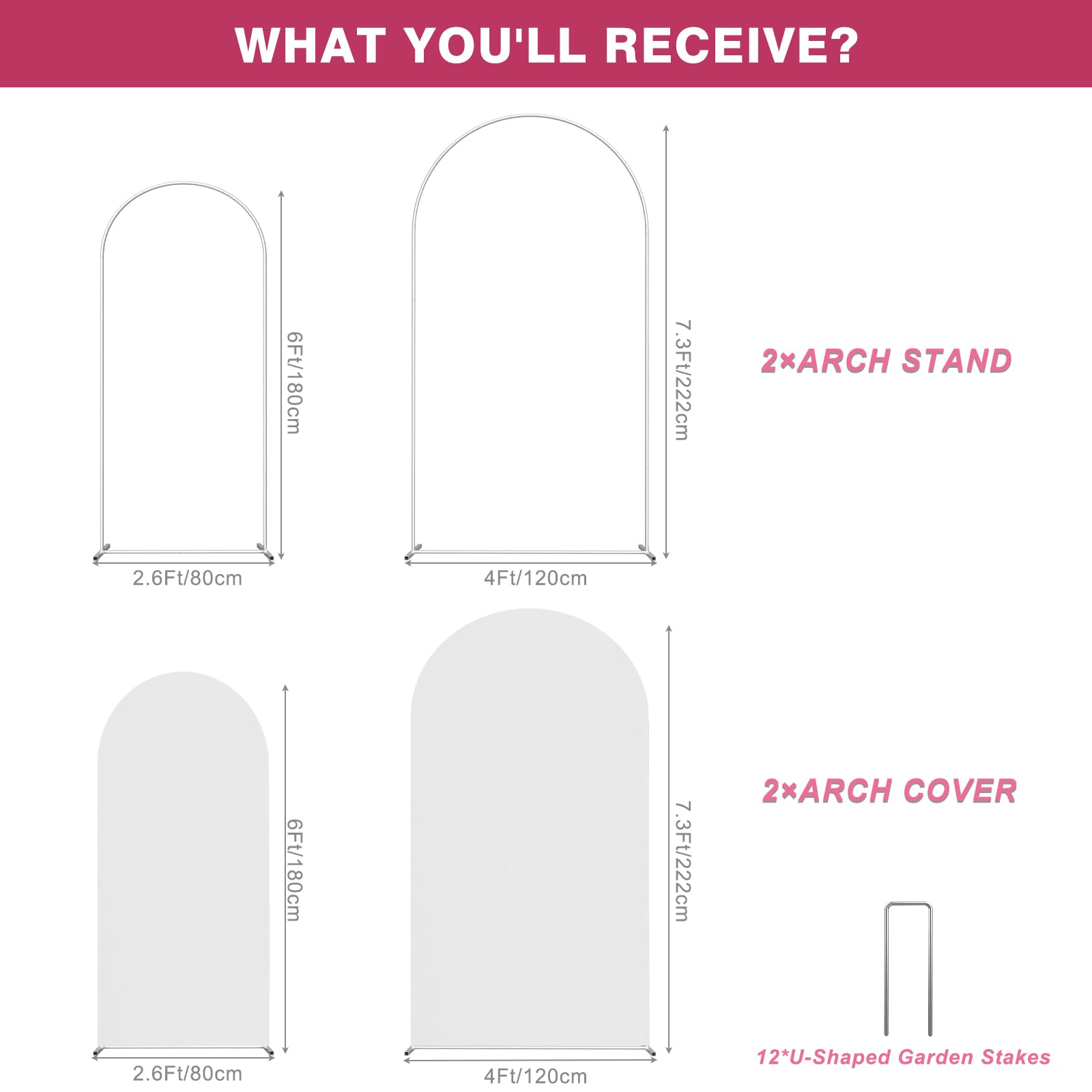 7.3FT & 6FT Metal Balloon Arch Stand Frame with Cover - Wedding Backdrop, Birthday Party Decor, Baby Shower & Graduation Ceremony Setup - White | Perfect for Indoor/Outdoor Events & Photo Booth Backgrounds