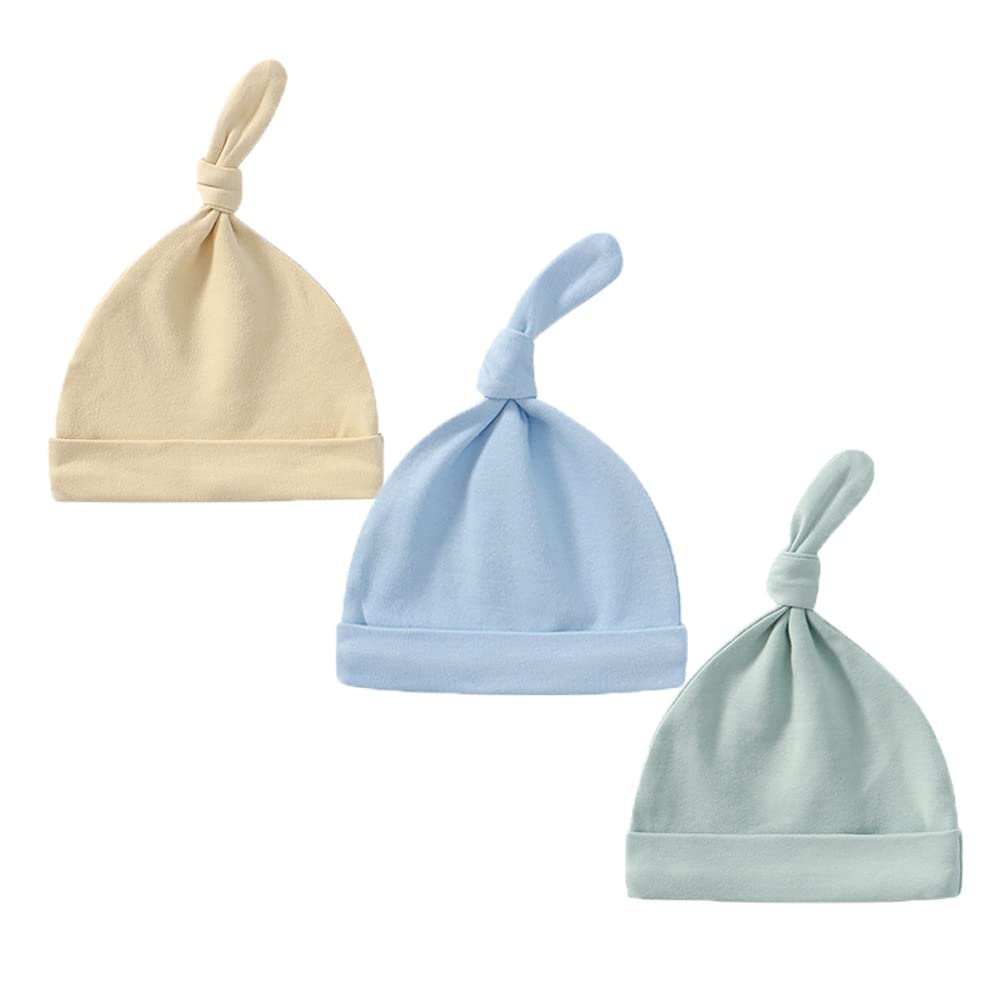 3 Pack Soft Cotton Newborn Hats for Boys & Girls 0-3 Months - Breathable Baby Beanies with Knot Detail for Hospital, Photography & Everyday Use