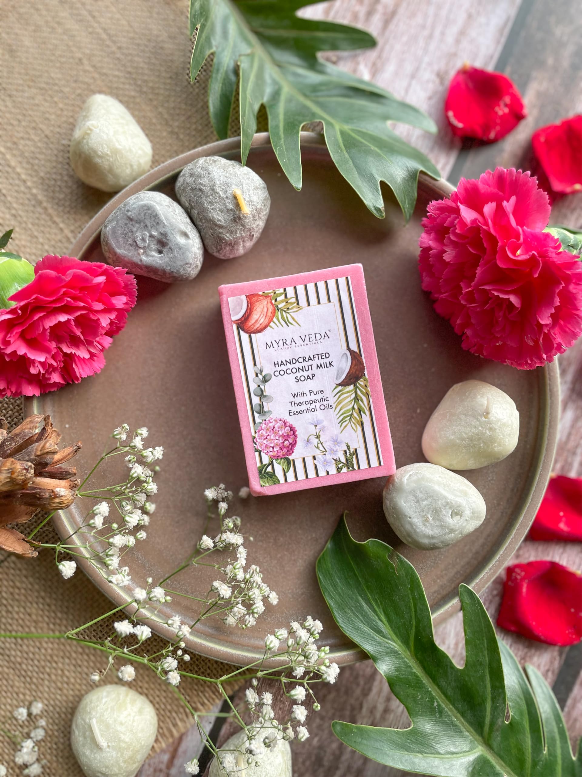 Myra Veda Organic Coconut Milk Bath Soap for Women & Men - 100% Natural, Chemical-Free Handmade Soap with Therapeutic Essential Oils for Dry & Glowing Skin - 100g | Perfect for Relaxing Baths, Spa Days & Gentle Skin Care