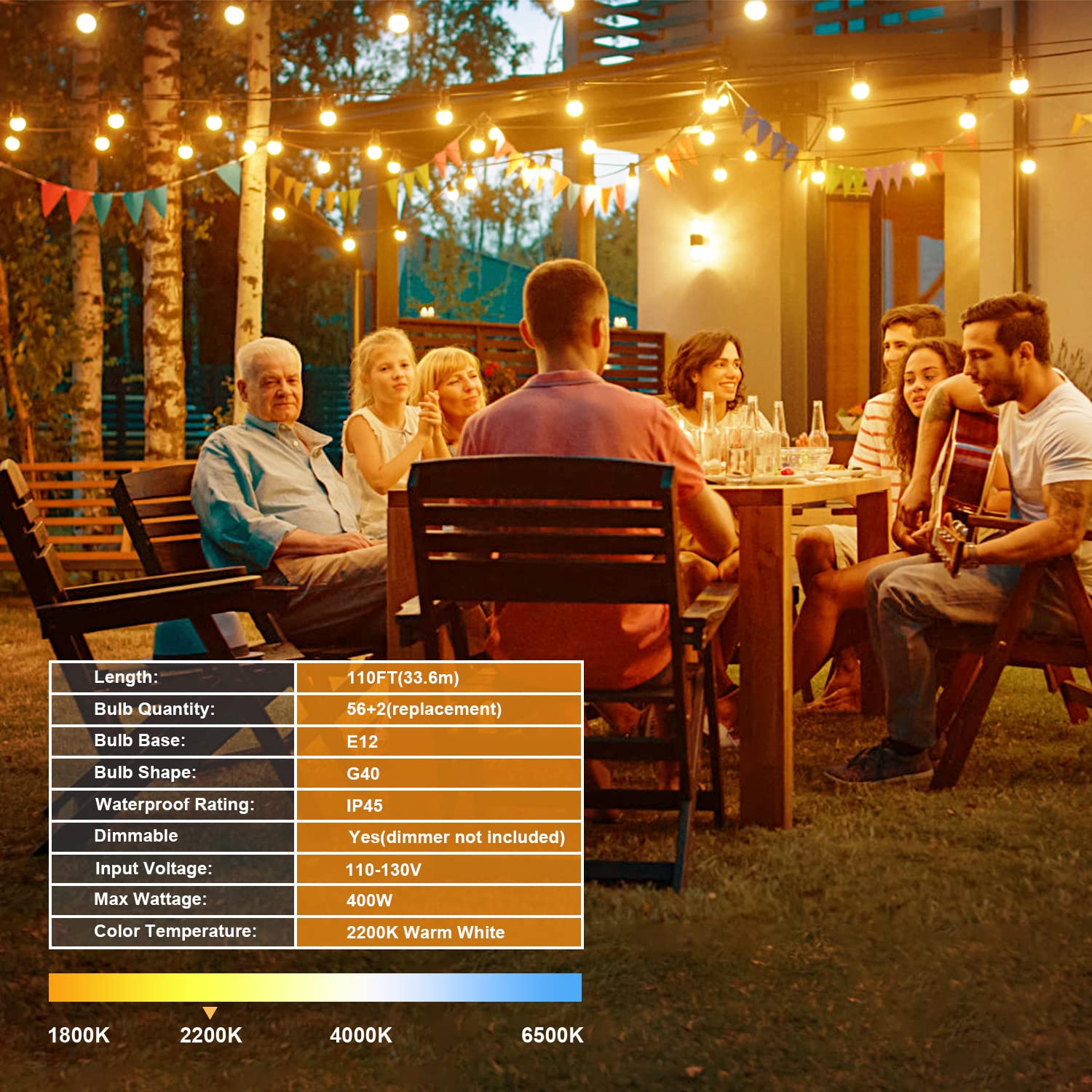 OHLUX 110FT Outdoor String Lights - 58 G40 Shatterproof 2200K Dimmable LED Bulbs (Includes 2 Spare) - Waterproof Hanging Lights for Backyard, Patio, Deck, Porch, Cafe - Perfect for Outdoor Parties, Weddings & Evening Ambiance (110FT*1 Strand)