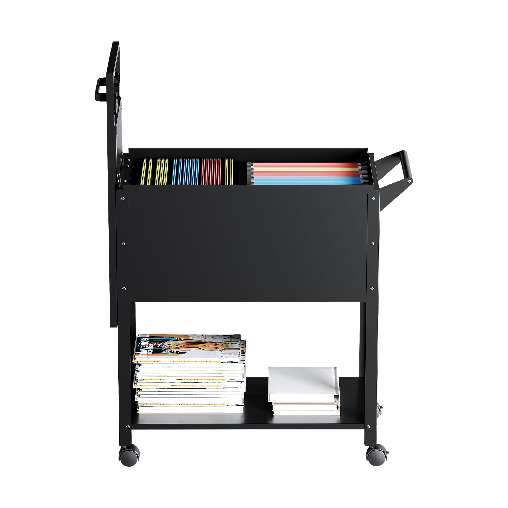 2-Tier Rolling File Cart with Wheels - Metal File Organizer with Lock & Sliding Covers for A4/Letter/Legal Size Documents - Black Office Storage Solution for Home, School or Workplace Organization