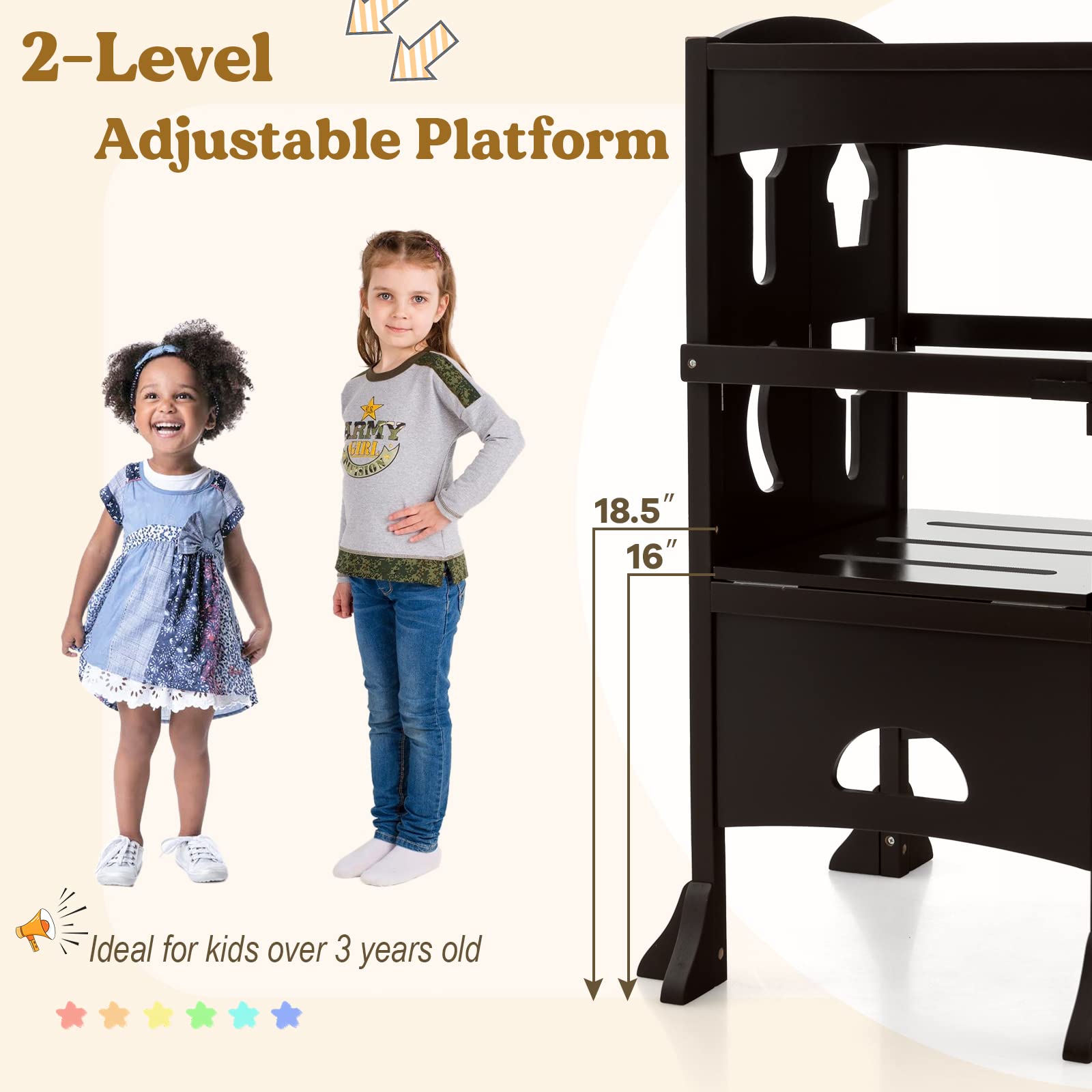 Costzon Adjustable Height Foldable Kids Kitchen Step Stool with Safety Rail - Montessori Learning Tower for Toddlers - Wooden Standing Helper for Bathroom & Kitchen Counter - Perfect for Baking, Washing Hands & Safe Exploration