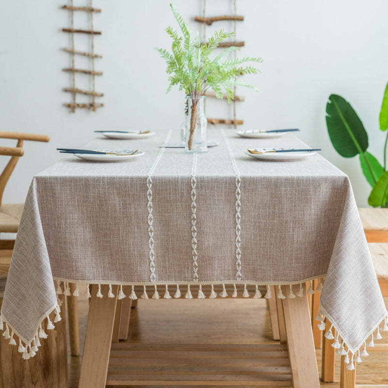 160x100cm Beige Striped Cotton Linen Embroidered Tassel Tablecloth - European & American Farmhouse Style Dining Table Cover for Restaurants, Weddings, and Home Decor