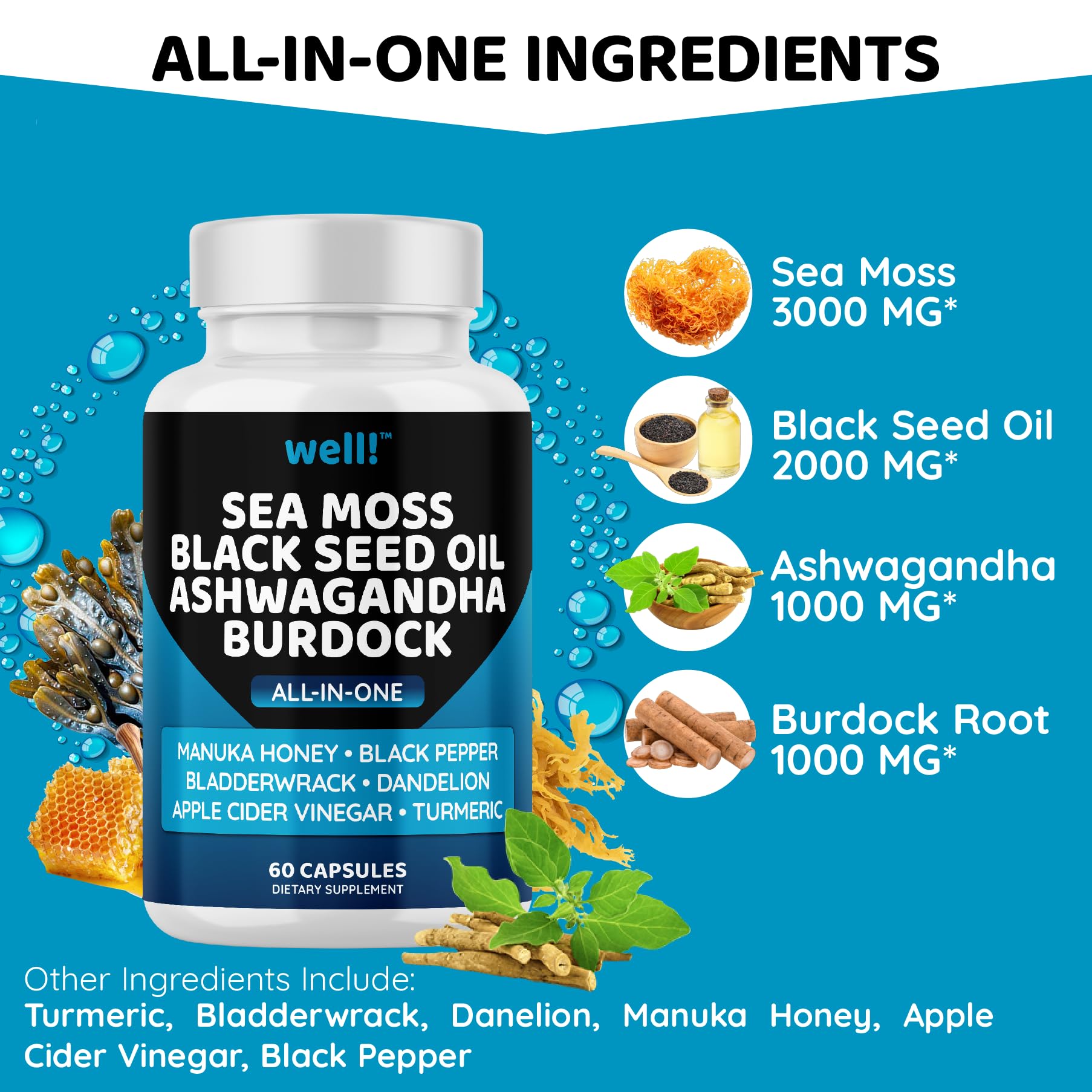 Sea Moss 3000mg, Black Seed Oil 2000mg, Ashwagandha 1000mg with Bladderwrack & Maca Root - Turmeric, Manuka Honey, Dandelion & Black Pepper Superfood Supplement for Immune Support, Energy Boost & Stress Relief - Perfect for Daily Wellness & Detox