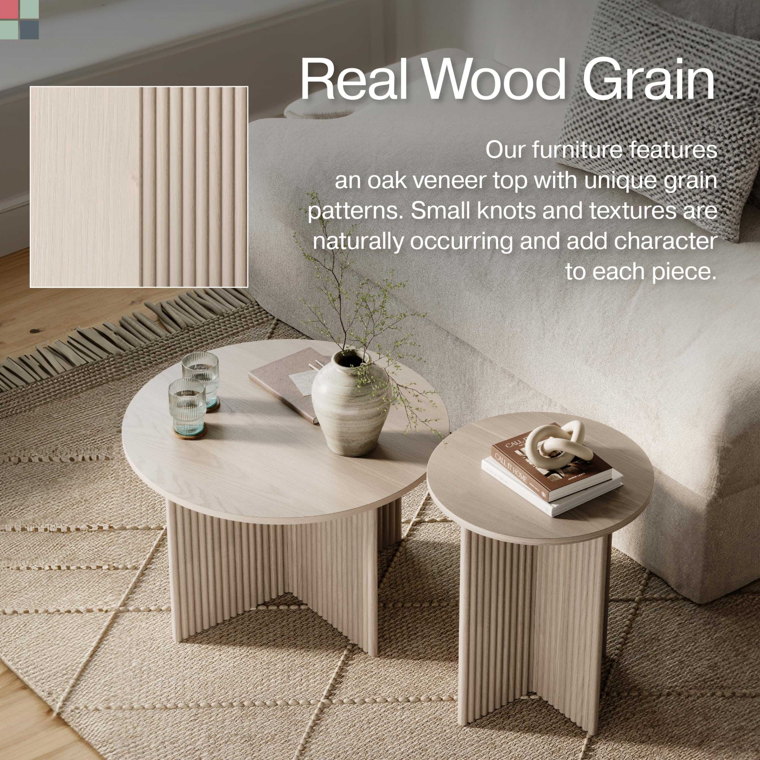 Round Fluted Nesting Coffee Table Set of 2 - Modern Solid Wood Base with Wood Grain Veneer Top in Weathered White - Stylish Living Room Furniture for Small Spaces & Home Decor - Perfect for Apartments, Lounges and Cozy Living Areas