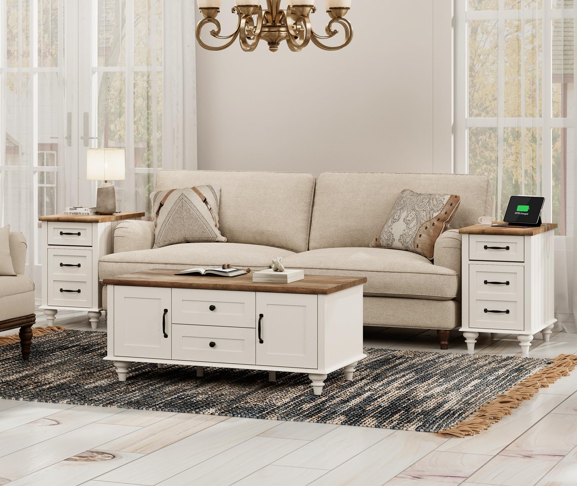 WAMPAT 3-Piece Modern Living Room Table Set - White Coffee Table with Storage & 2 End Tables/Nightstands with USB Charging Stations | Perfect for Small Spaces, Apartments & Home Decor