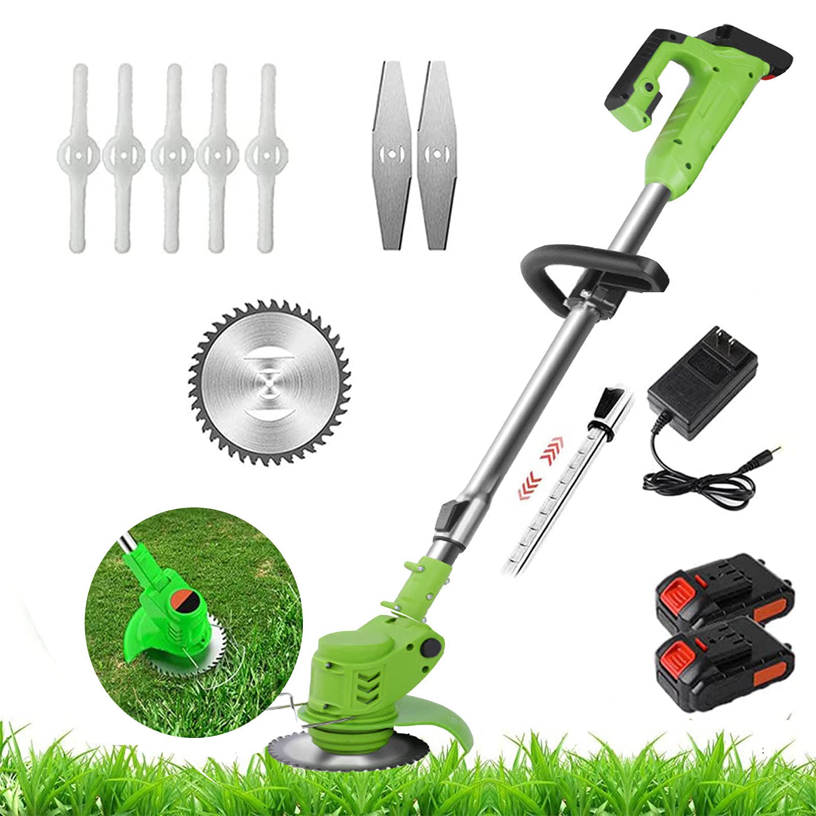 HLCUI 24V Cordless Grass Trimmer - Electric Weed Wacker with 2 Batteries & Replacement Blades - Lightweight Brush Cutter for Lawn Edging, Garden Maintenance & Yard Care - Perfect for Trimming Grass, Weeds, and Small Bushes