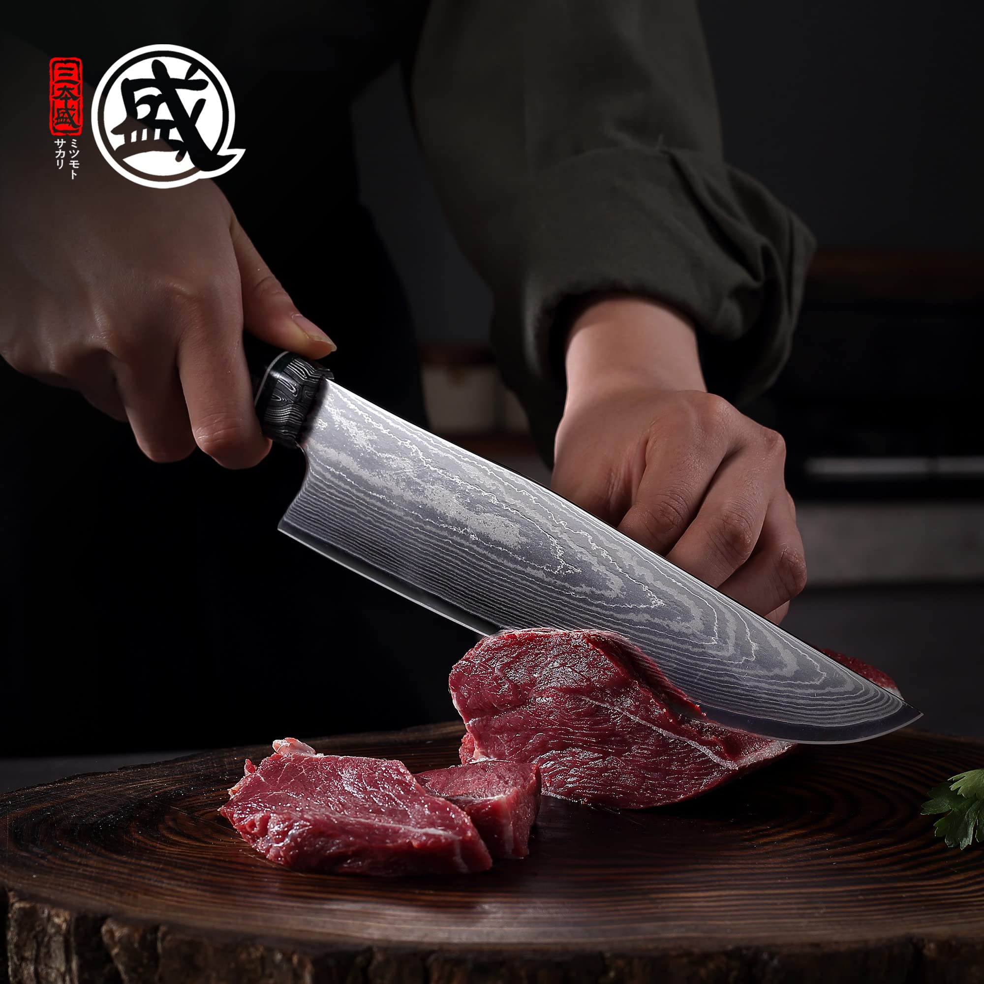 MITSUMOTO SAKARI 7-inch Japanese Gyuto Chef Knife - Hand-Forged Damascus HAP40 Steel Powder Professional Kitchen Knife with Micarta Handle & Wooden Box - Perfect for Sushi, Meat Cutting & Precision Cooking