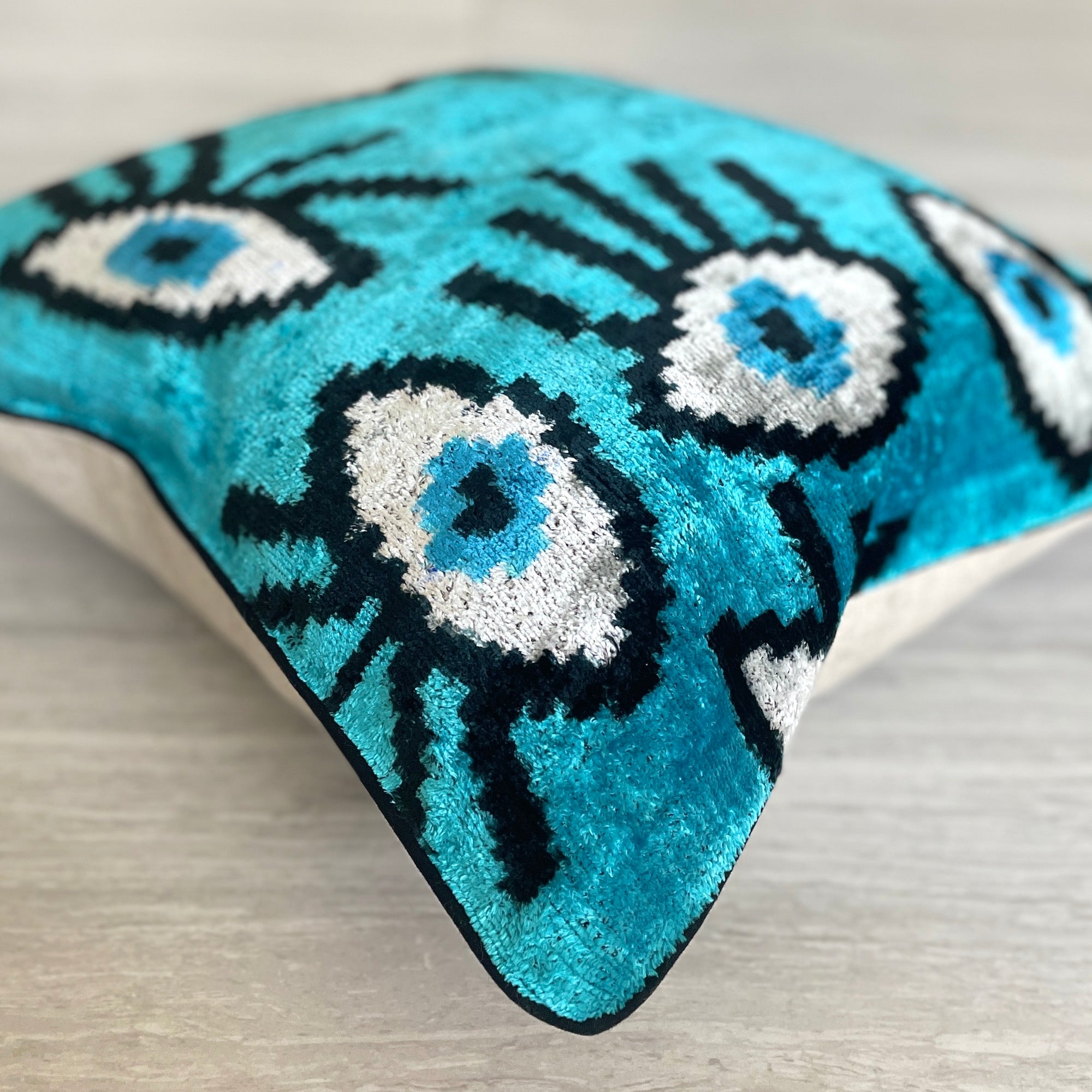 Turquoise Evil Eye Velvet Ikat Cushion Cover - Boho Home Decor Pillow for Living Room, Bedroom & Sofa | Handmade Decorative Throw Pillow for Bohemian Style Interior Design