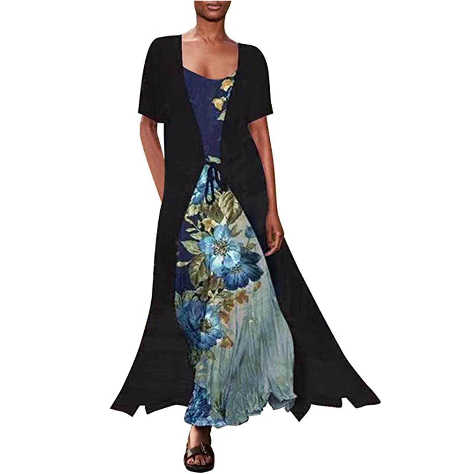 Floral Print Summer Maxi Dress with Long Jacket 2-Piece Set - Women's Flowy Short Sleeve Dress with Irregular Hem for Wedding Guest, Beach Vacation & Casual Outings