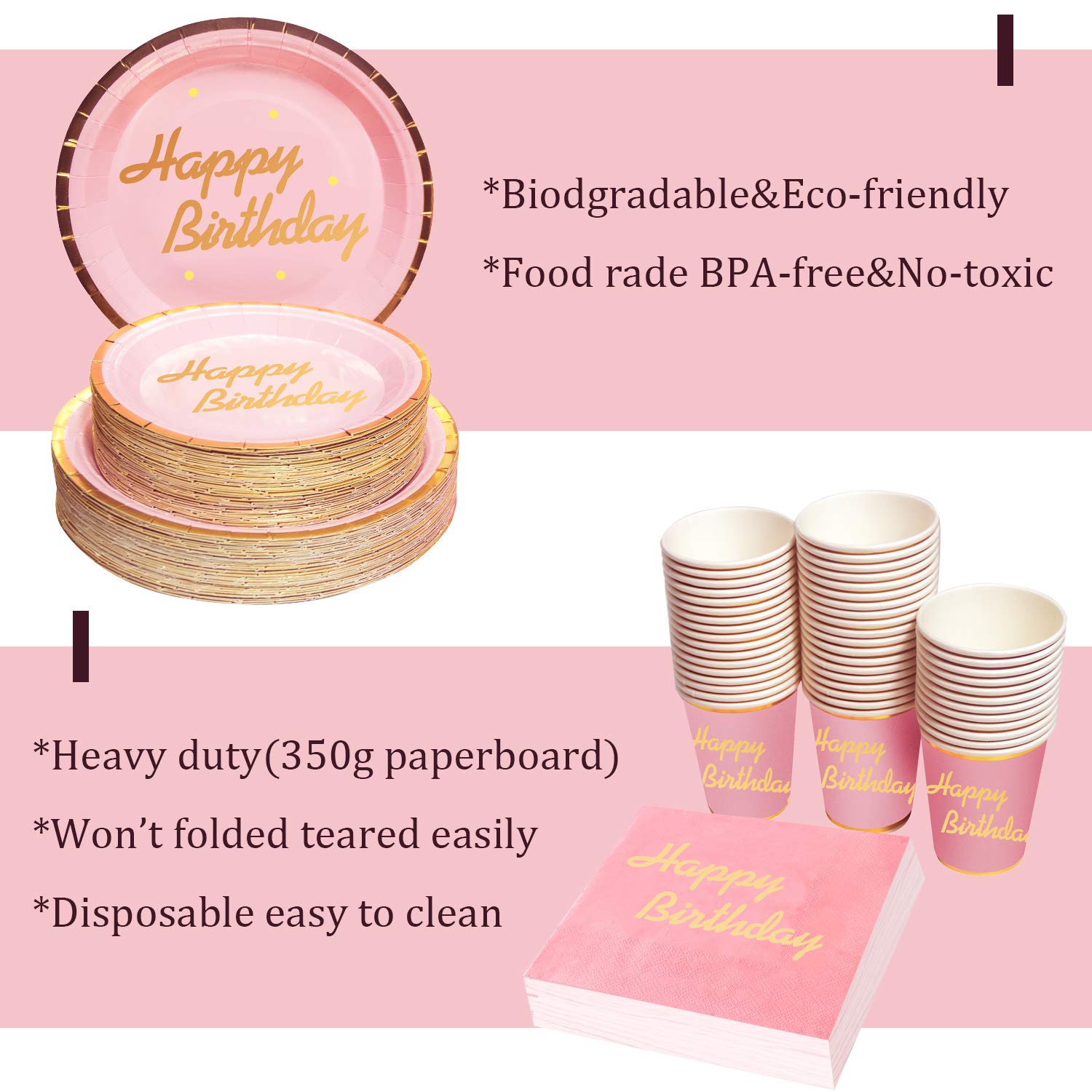 Pink Happy Birthday Party Supplies - 310 pcs Disposable Tableware Set for 50 Guests, Includes Foil Paper Plates & Napkins - Perfect for Birthday, Anniversary, Baby Shower & Bridal Shower Decorations
