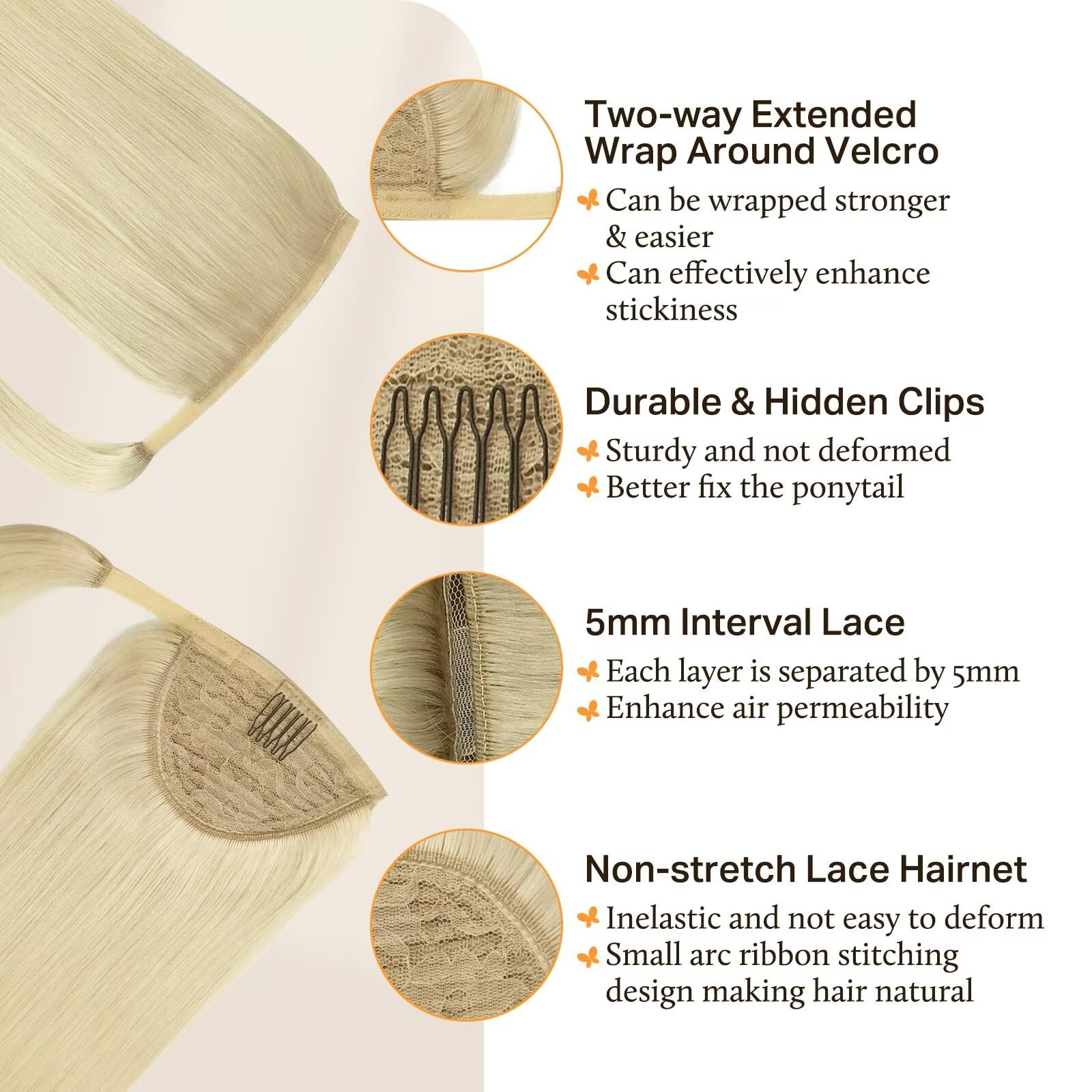 DOORES 20 Inch Clip-in Ponytail Hair Extensions - 90g Bleach Blonde Real Human Hair, Long Straight Wrap Around Ponytail for Women - Perfect for Parties, Weddings & Everyday Styling
