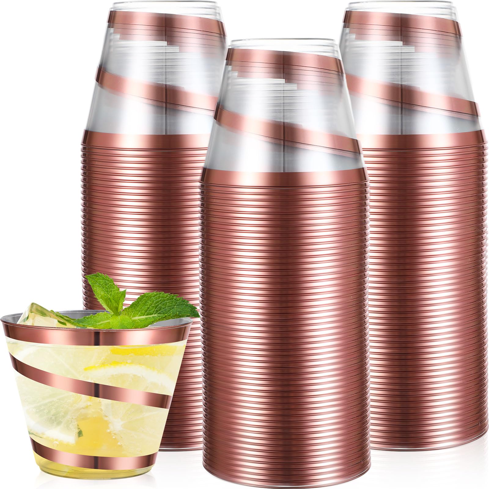 Gejoy 9 oz Disposable Plastic Wine Cups - Elegant Rose Gold Rimmed Swirl Tumblers for Wedding, Engagement & Party Supplies | Perfect for Cocktails, Champagne & Beverages at Celebrations