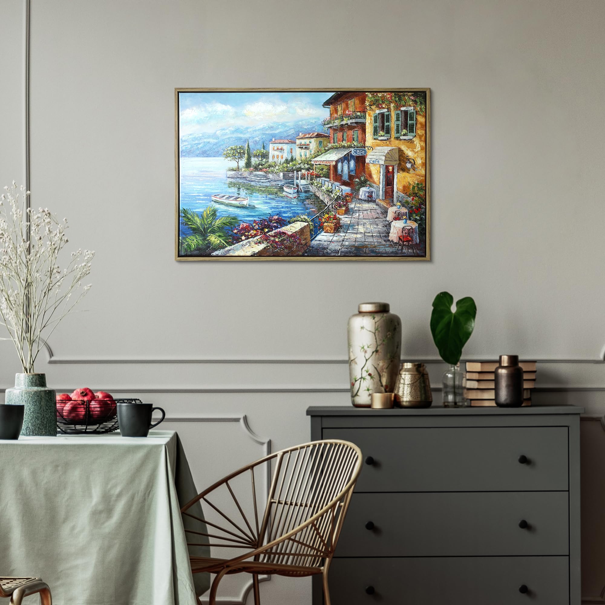 Hand Painted Coastal City Canvas Oil Painting - Textured Wall Art for Living Room, Bedroom & Office Decor - Framed Landscape Artwork (36'' x 24'' x 1 Panel) - Perfect for Beach House, Modern Home & Office Wall Decor