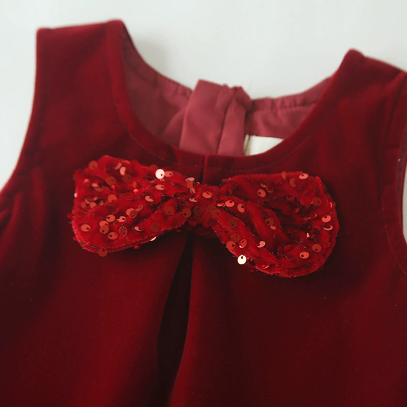 Baby Red Sequin Bow Dress with Velvet Vest - Elegant Holiday Party Outfit for Girls | Perfect for Christmas, Birthday & Special Occasions