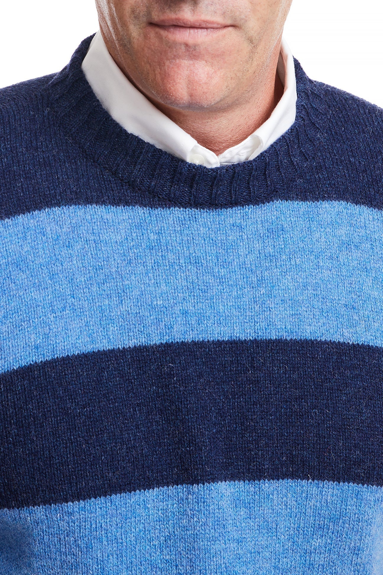 Shetland Crewneck Sweater for Men & Women - Navy & Denim Striped Knit Pullover - Cozy Winter Wear for Casual Outfits & Office Style