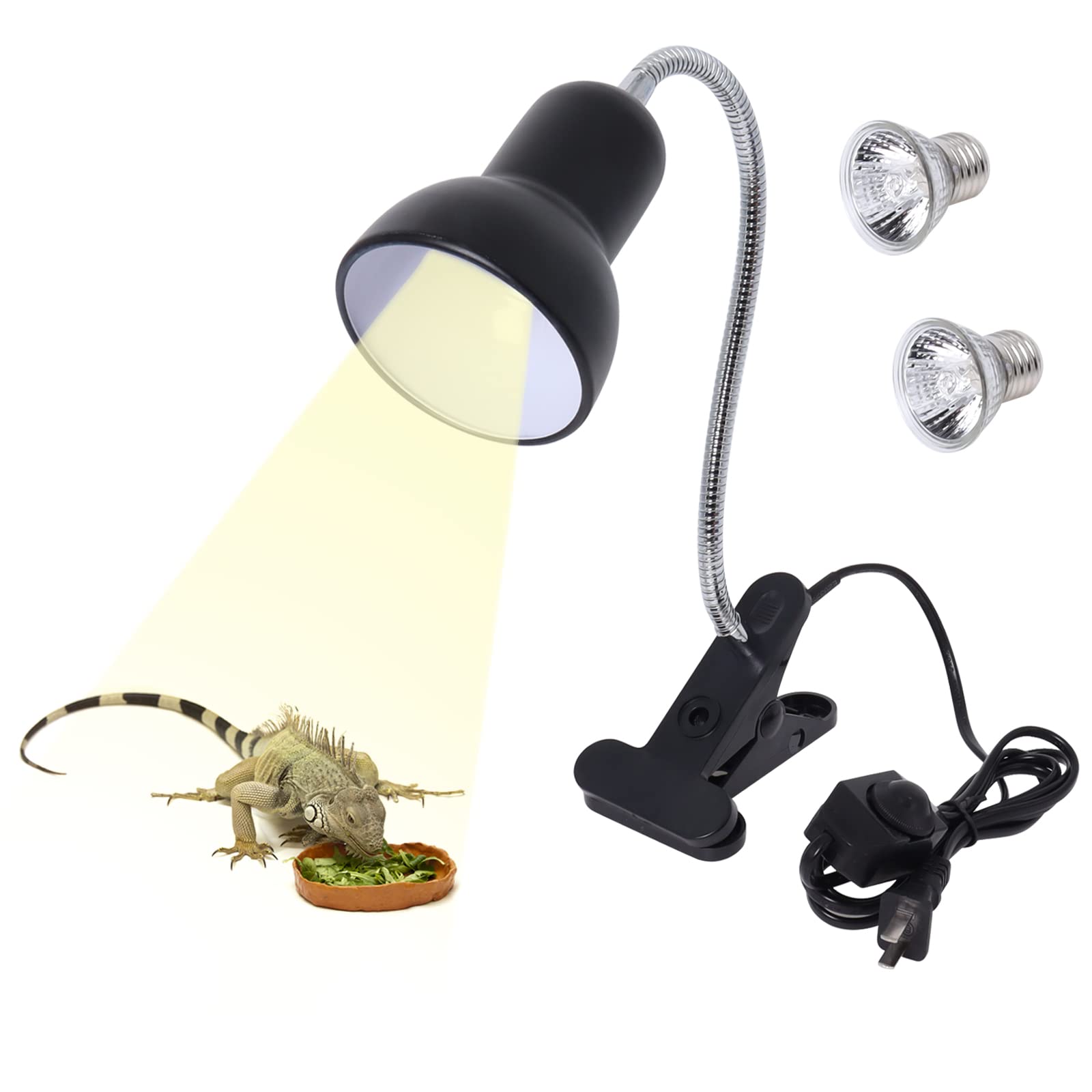 Swess UVA Reptile Heat Lamp - 360° Adjustable Basking Spot Light with Clip Holder & Switch for Lizards, Turtles, Snakes & Amphibians | Includes 2 Heat Bulbs | Perfect for Terrariums, Aquariums & Reptile Habitats