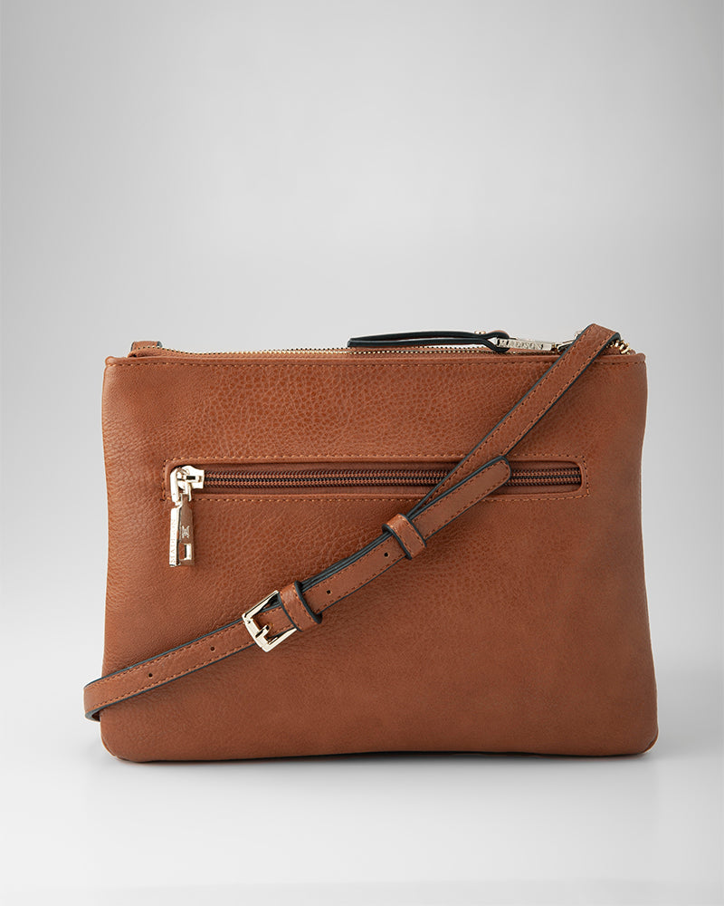 Charlotte Double Zip Crossbody Bag with Monogram Strap - Stylish Leather Purse for Women, Perfect for Travel, Work & Everyday Use