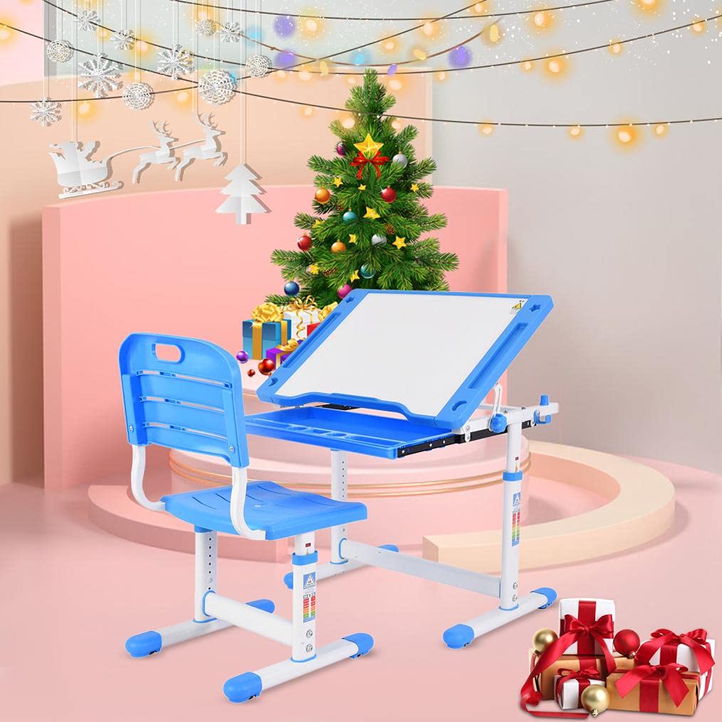 Adjustable Kids Desk and Chair Set with Tilting Desktop - Ergonomic Study Table for Children with Pencil Case & Metal Hook - Perfect for Boys & Girls Homework, Drawing, and Online Learning