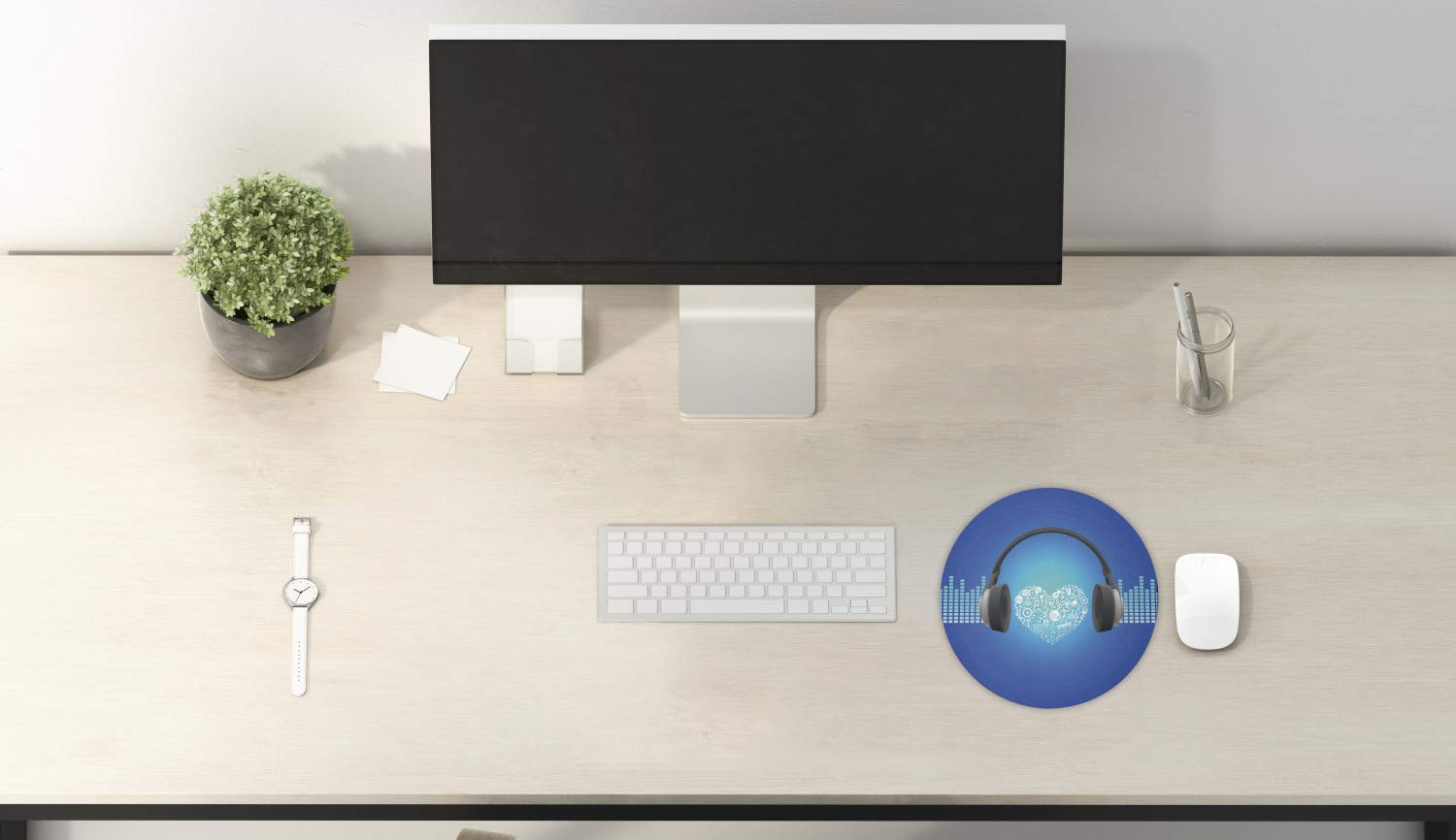 Ambesonne Round Music Themed Non-Slip Mouse Pad - 8 Inch Thick Rubber Gaming Mousepad with Headphones & Heart Design on Geometric Background (Royal Blue/Grey) - Perfect for Computer, Office, and Gaming Setups