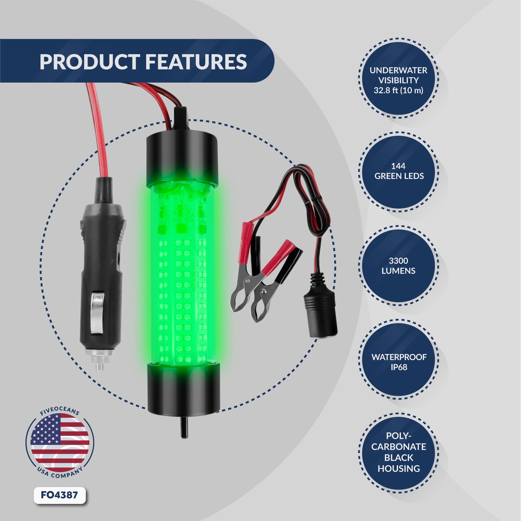 Five Oceans Green LED Underwater Fishing Light - Submersible Night Fish Finder Lamp with 144 LEDs, 17ft Power Cord (10-30V, Model FO4387) - Perfect for Night Fishing, Ice Fishing & Boat Fishing