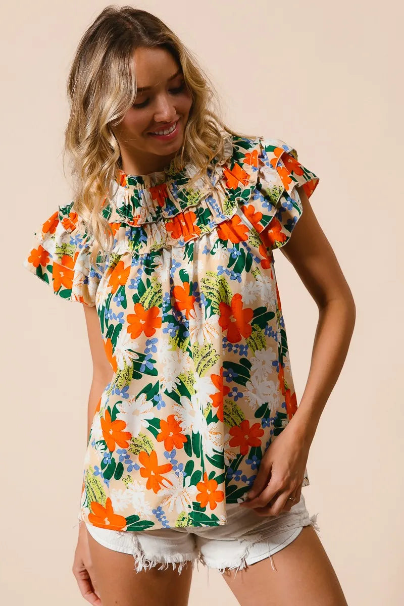 BiBi Women's Floral Print Woven Blouse - Casual Short Sleeve Summer Tops for Beach, Vacation & Everyday Wear