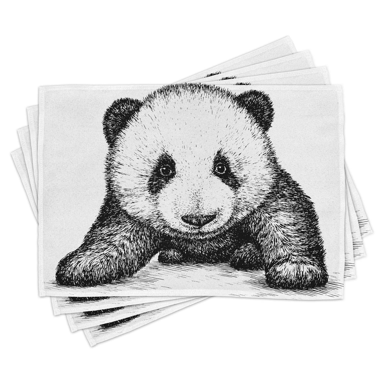 Ambesonne 4-Piece Panda Place Mats Set - Baby Panda Bear Sketch Artwork, Wild Animals Theme Washable Fabric Dining Mats for Kitchen & Table Decor (Black & White) - Perfect for Family Dinners, Parties & Animal Lovers