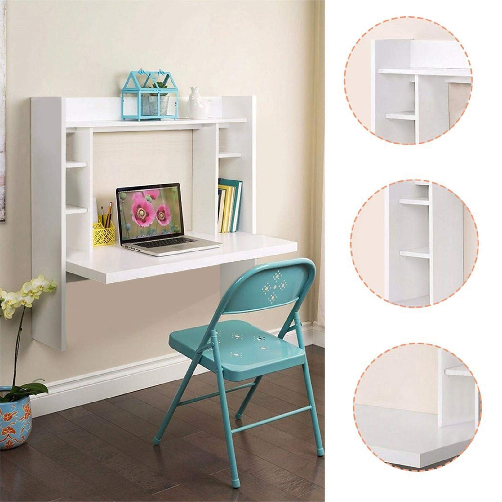 Wall Mounted Floating Computer Desk with Storage - Space Saving Compact Workstation for Small Spaces - Home Office Desk for Bedroom & Living Room - White - Perfect for Apartments, Dorms & Tiny Homes