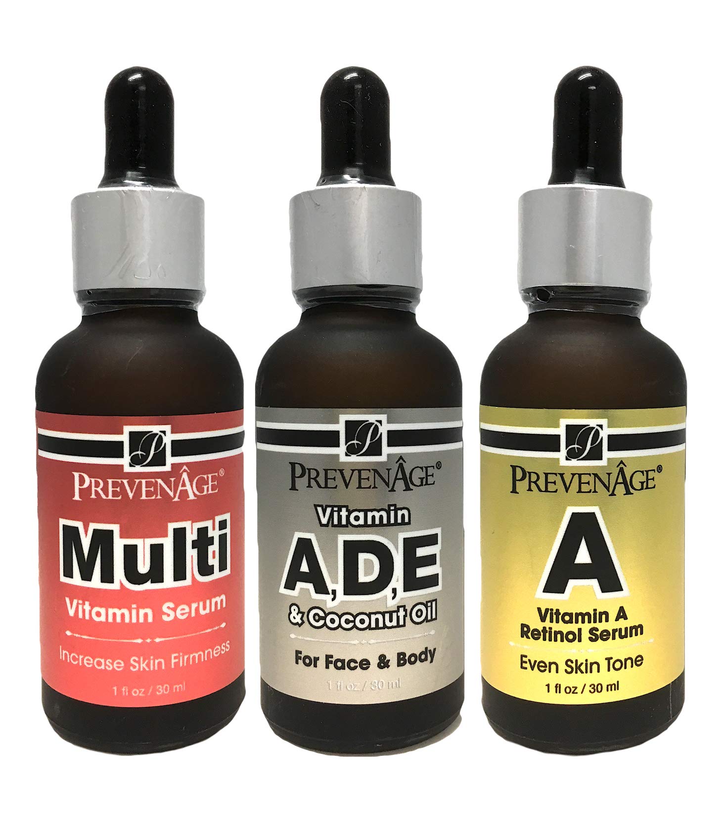 Prevenage Top Vitamin Oil Set - Best 3 Serums with Vitamin A, Vitamin ADE + Coconut Oil & Multivitamins - 1 oz for Skin Hydration, Anti-Aging & Night Care Routine
