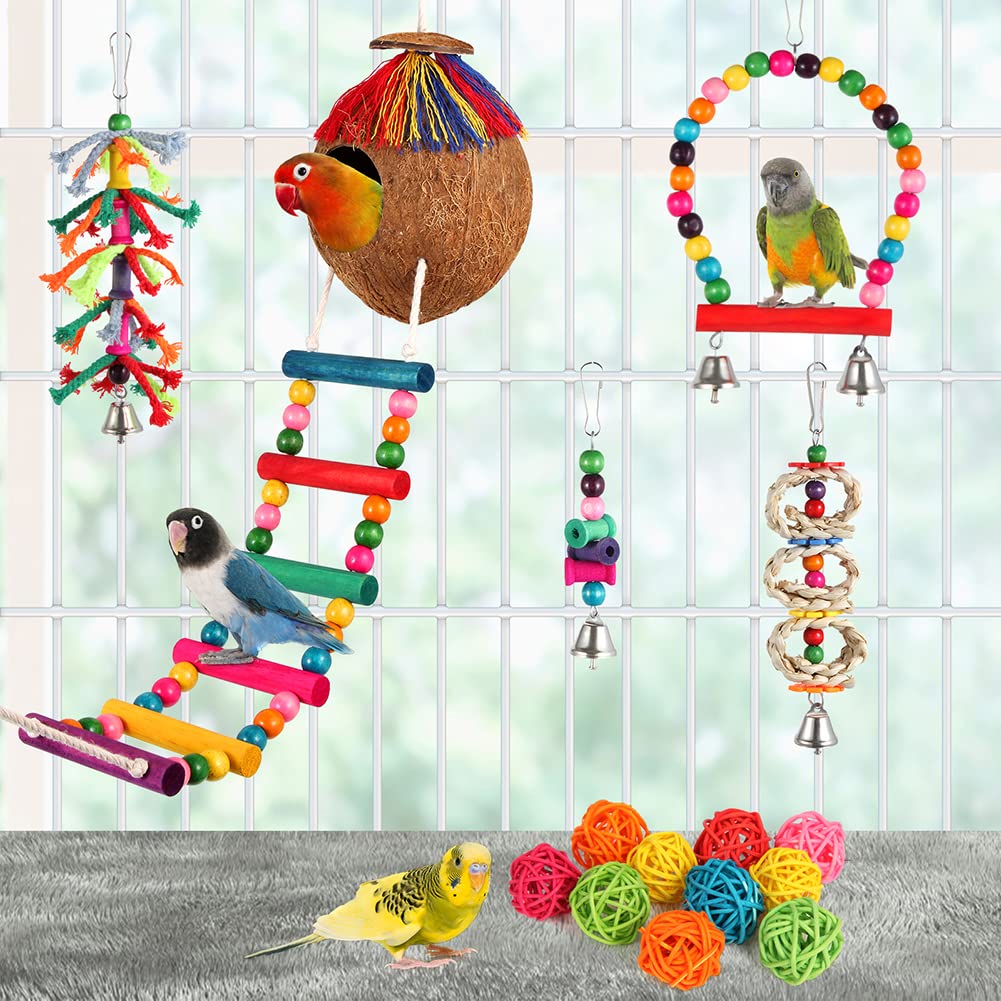 17 Pcs Bird Toys Set - Parakeet Swing, Chewing Hanging Toys & Climbing Ladder for Cockatiels, Conures, Finches, Budgies - Perfect for Bird Cage Enrichment and Playtime Activities