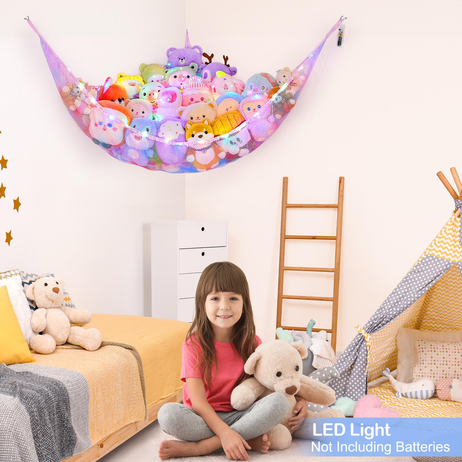 **Basumee LED Stuffed Animal Hammock with Remote Control - 8 Color Changing Lights, Hanging Toy Storage Net for Kids Room & Nursery - Perfect for Organizing Plush Toys, Stuffed Animals & Soft Toys**