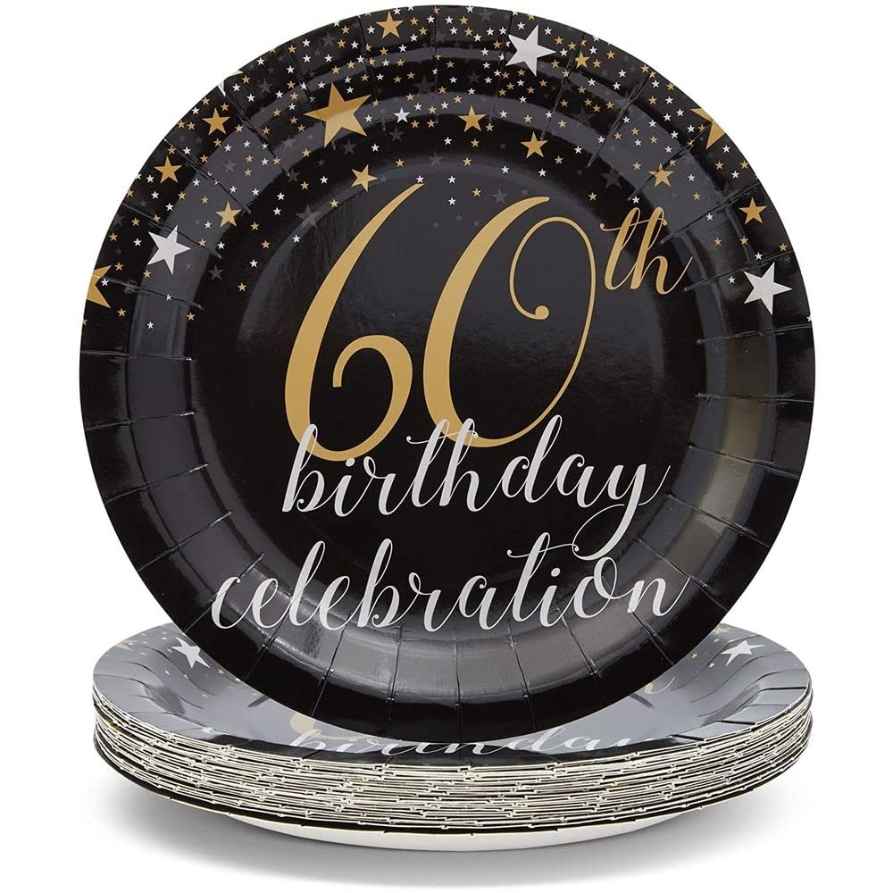 170-Piece Black & Gold 60th Birthday Party Supplies Set for Men & Women - Includes 2-Size Paper Plates, Banner, Tablecloth, Napkins, Cups & Cutlery (Serves 24) - Perfect for Milestone Celebrations, Retirement Parties & Anniversary Events