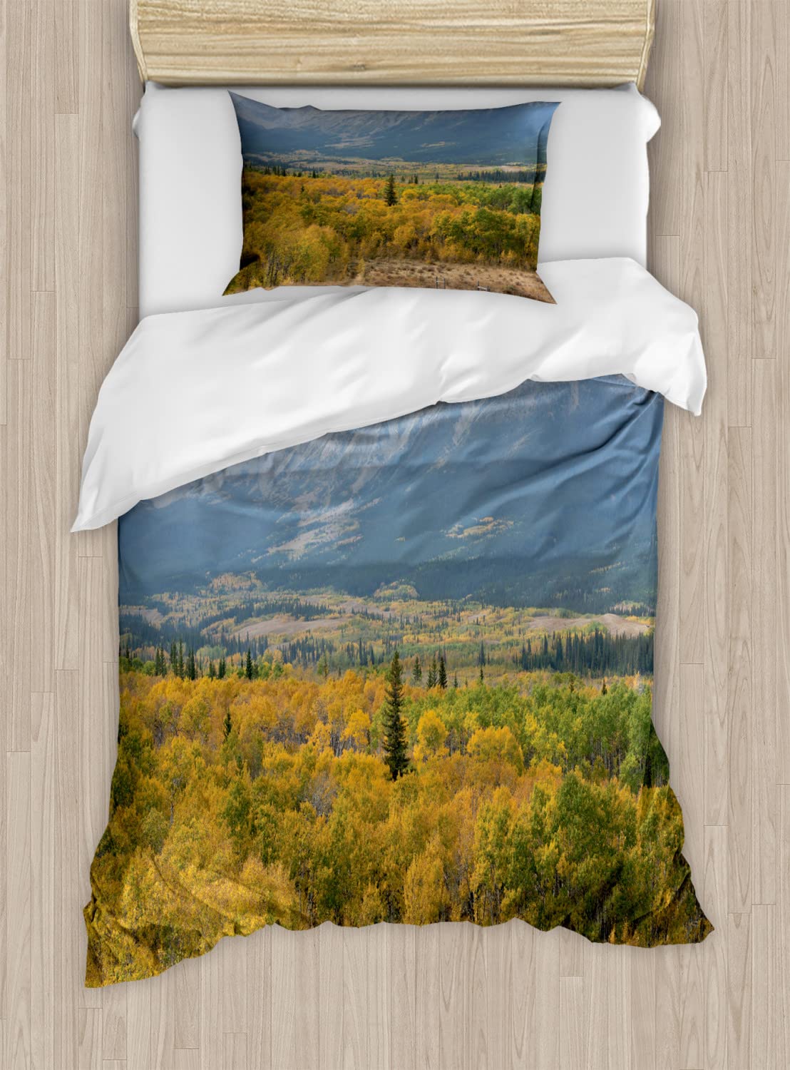 Ambesonne Glacier National Park Duvet Cover Set - King Size 2-Pack with Foggy Forest & Mountain Scenery | Includes 2 Duvet Covers & 4 Pillowcases in Blue Grey Pale Coffee | Perfect for Cozy Bedrooms, Cabin Retreats & Nature-Inspired Home Decor