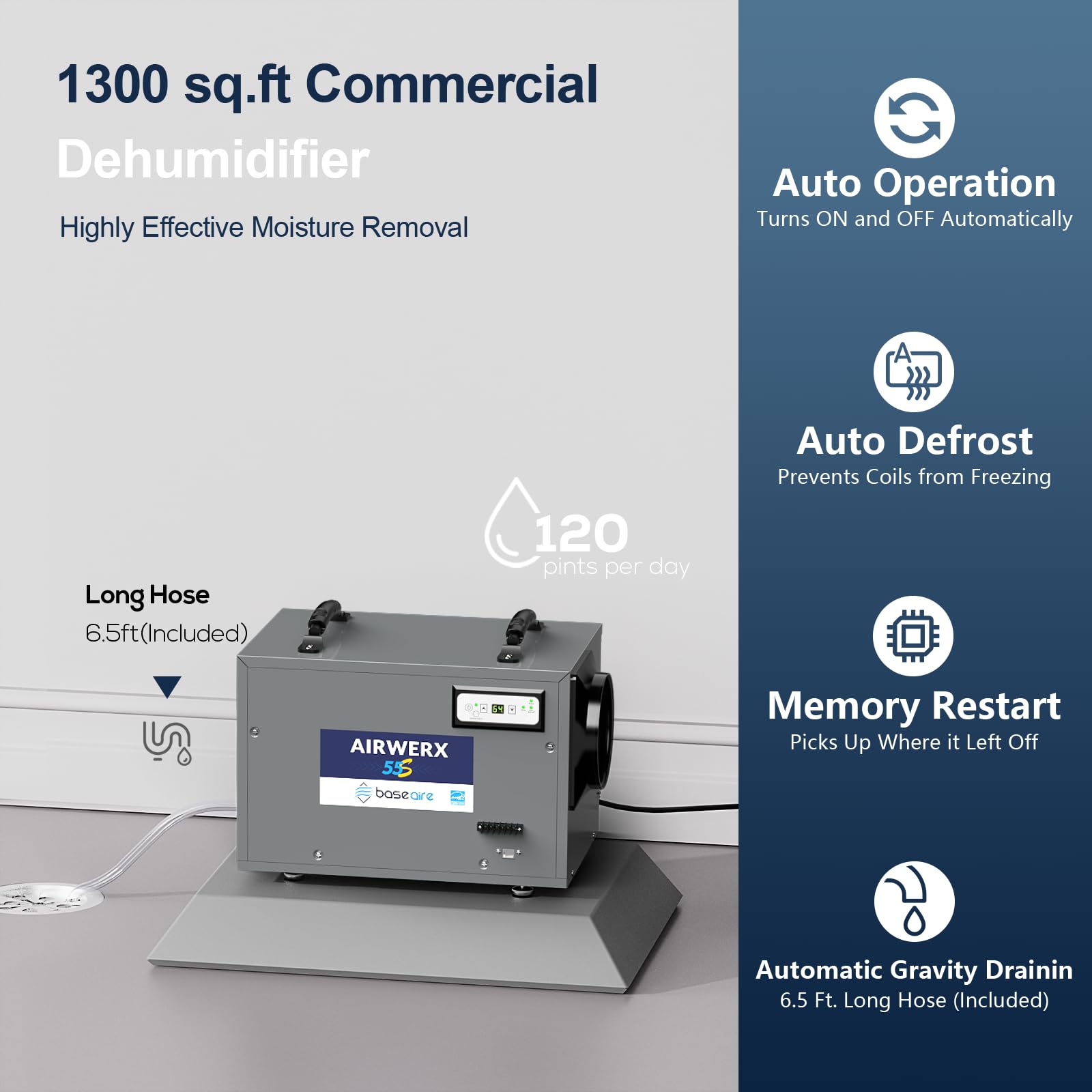 BaseAire AirWerx 55 Crawl Space Dehumidifier - 120 Pints Commercial Grade with Continuous Drain, Smart Humidity Control & Auto Restart - Perfect for Basements, Warehouses & Damp Areas