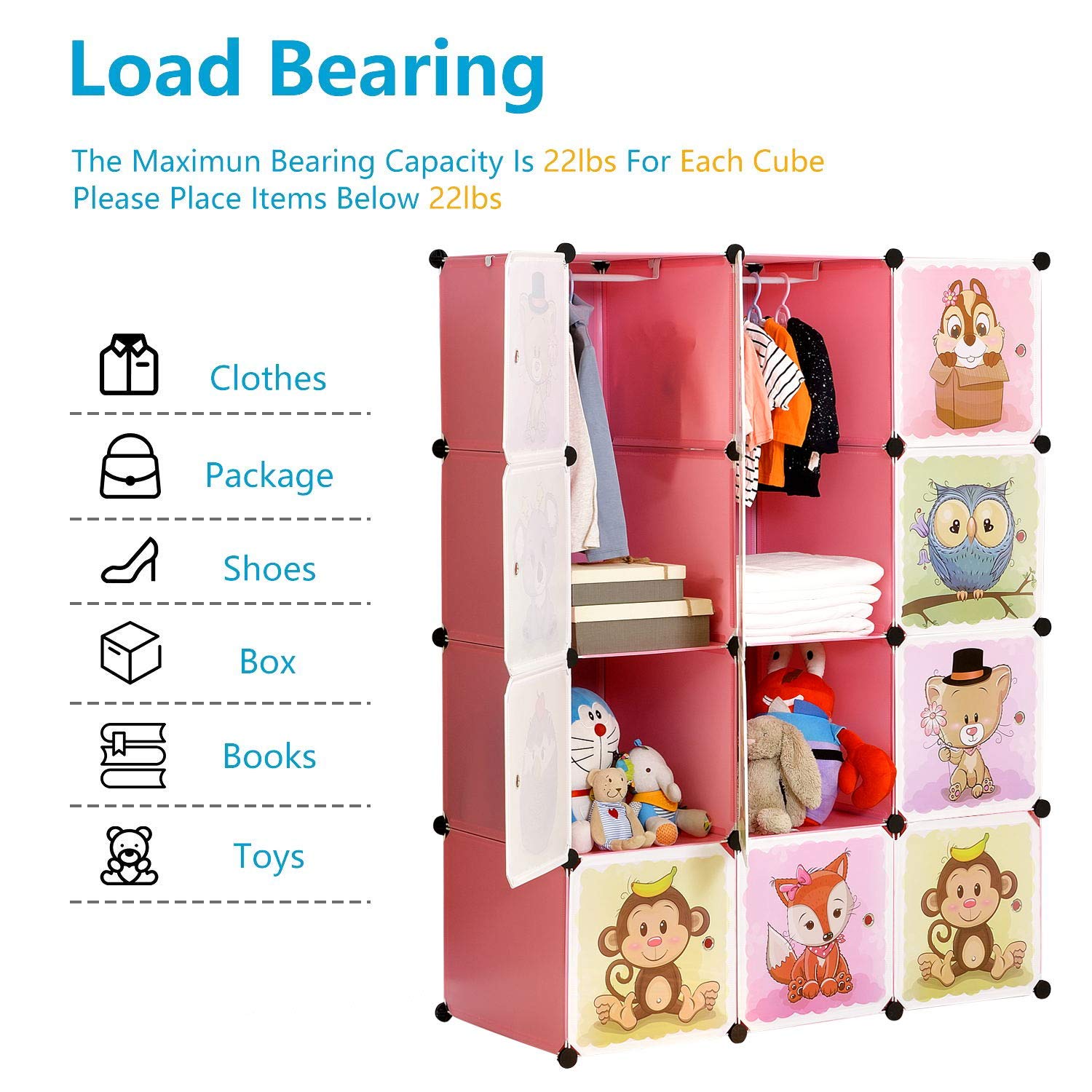 Portable Kids Closet Organizer - 8-Cube & 2-Hanging Section DIY Storage Wardrobe for Children | 30% Deeper Space, Sturdy & Safe Pink Clothes Storage | Perfect for Bedroom, Nursery, and Playroom Organization