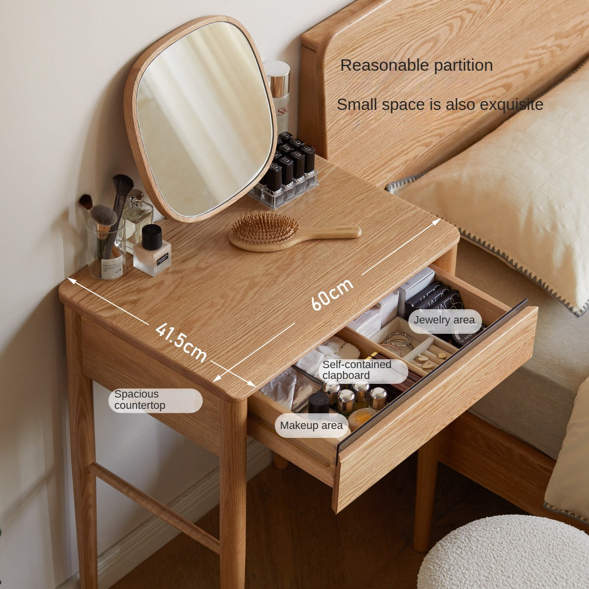 Solid Oak Wood Dressing Table with Mirror - Elegant Vanity Desk for Bedroom, Makeup & Beauty Organizer - Perfect for Home Decor & Small Spaces