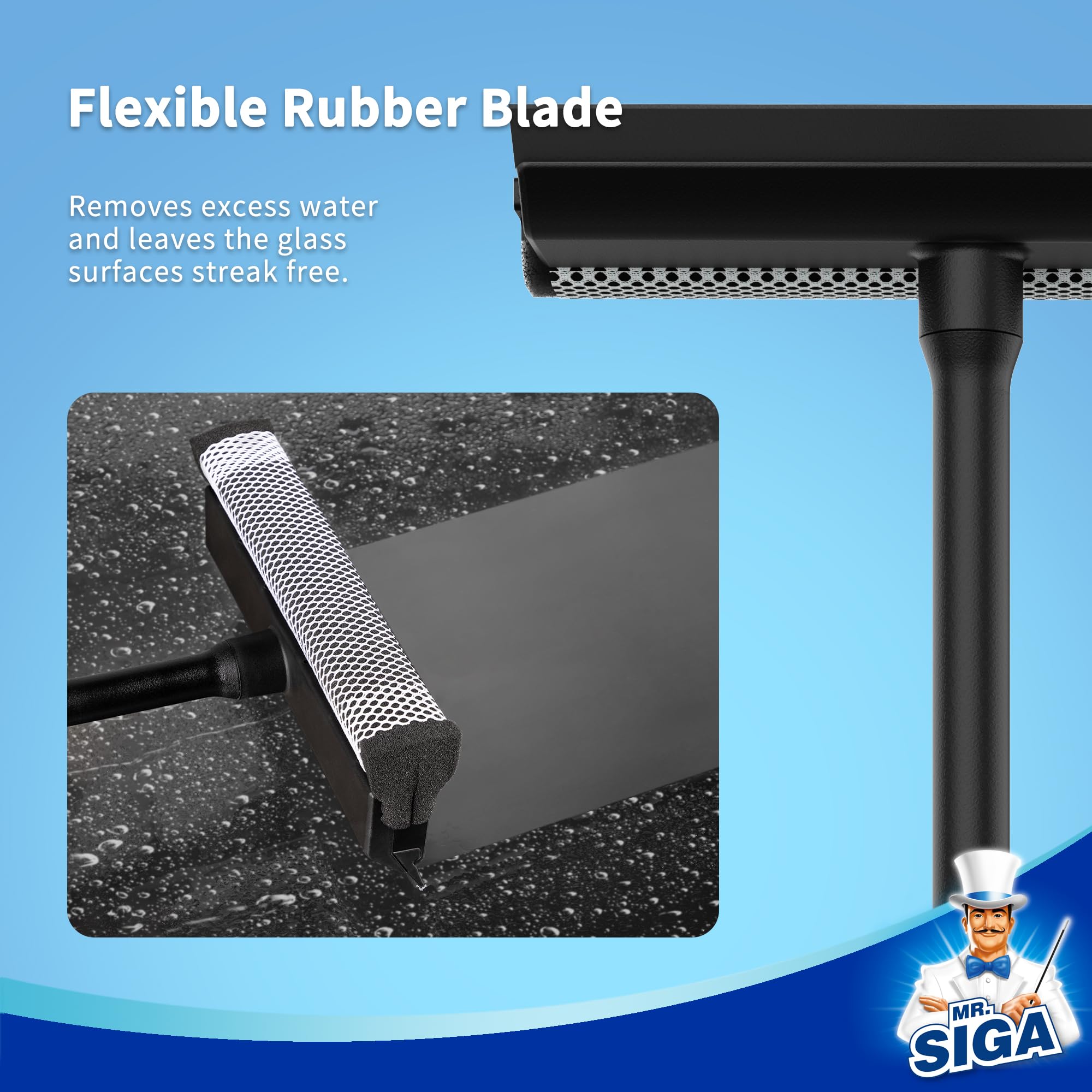 MR.SIGA Professional Car Window Squeegee - 2 in 1 Windshield Cleaner with Rubber Blade & Sponge Scrubber, Ergonomic Handle for Streak-Free Cleaning - Perfect for Car Wash, Home Windows & Glass Surfaces