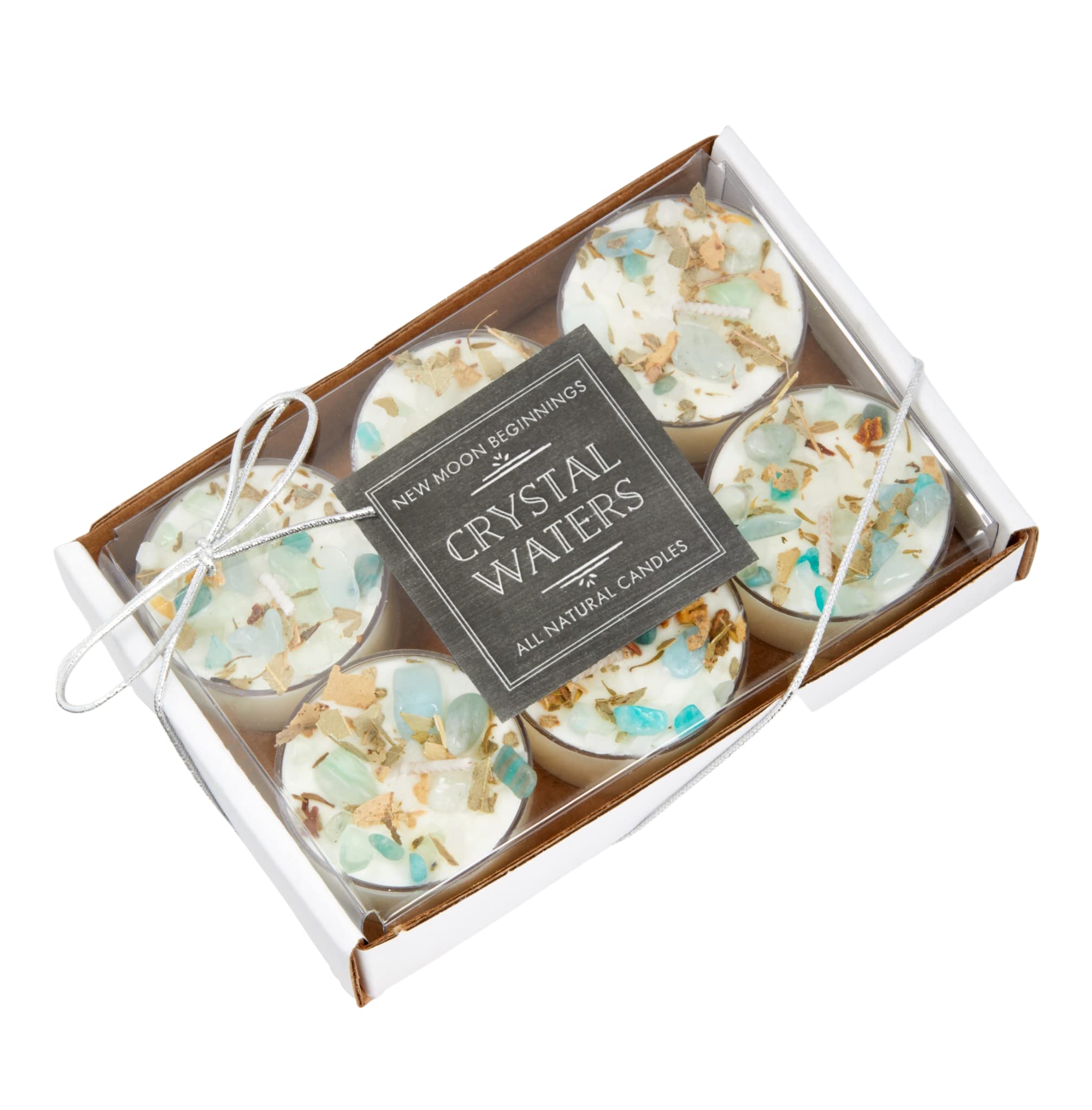 New Moon Beginnings Crystal Waters Soy Candle Set - 6 Natural Aromatherapy Tealights with Dried Flowers, Herbs & Crystals | Relaxation, Meditation, Home Decor Gift Idea