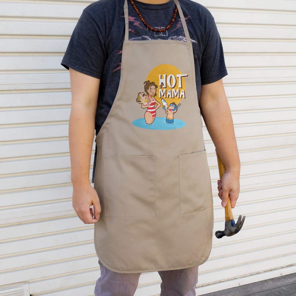 Hot Mama Mother with Kids at the Beach Pool Apron with Pockets - Funny Graphic Kitchen Apron for Women - Perfect for Cooking, Grilling, and Outdoor Parties