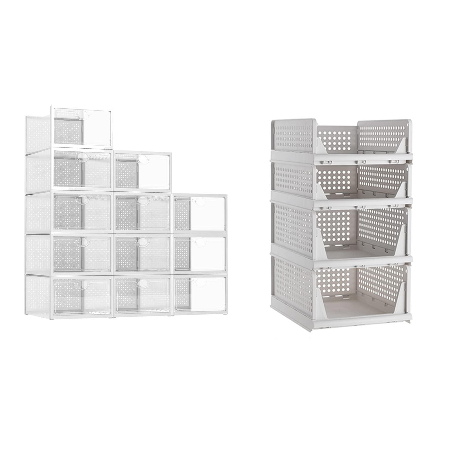 Pinkpum 12 Pack Large Shoe Boxes for Men's Size 12 & 4 Pack Stackable Plastic Storage Baskets - Perfect for Closet Organization, Shoe Storage, and Home Decor