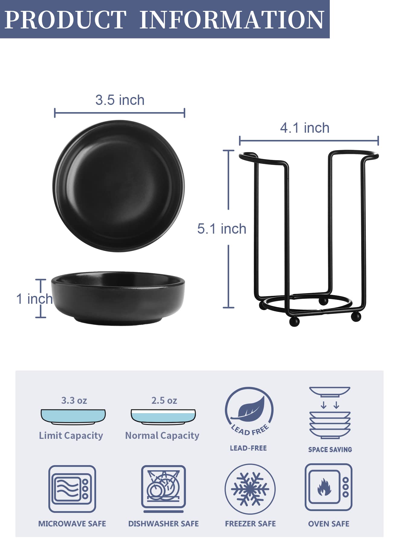 Premium Japanese Ceramic Dipping Bowls Set of 6 - 3.5 Inch Small Side Dishes for Soy Sauce, Ketchup & Condiments with Metal Stand - Elegant Waxy Black Finish - Perfect for Sushi, BBQ Parties & Asian Dining Experience