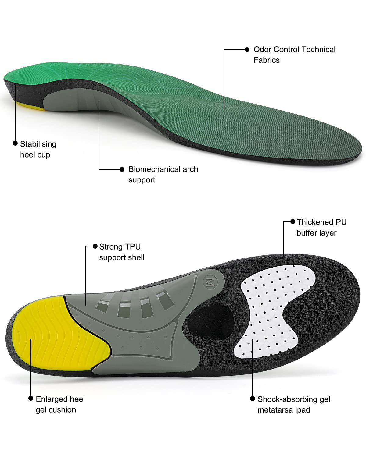 Heavy Duty Plantar Fasciitis Insoles - 210+ lbs Support Orthotic Inserts for Big & Tall Men & Women - Arch Support for Flat Feet, Heel Pain Relief - Gel Work Boot Insoles (Green) - Perfect for Standing All Day, Construction Workers & Athletes