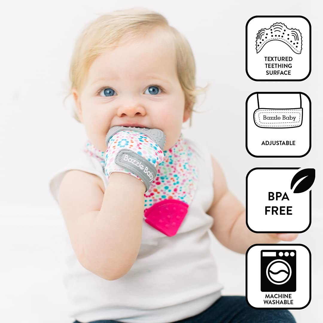 Bazzle Baby Teething Mitt - Soft Silicone Teething Mittens for Infants, Adjustable Strap Teething Gloves, Safe Chew Toys for Soothing Sore Gums (Geo Lines) - Perfect for On-the-Go Relief & Daycare Comfort
