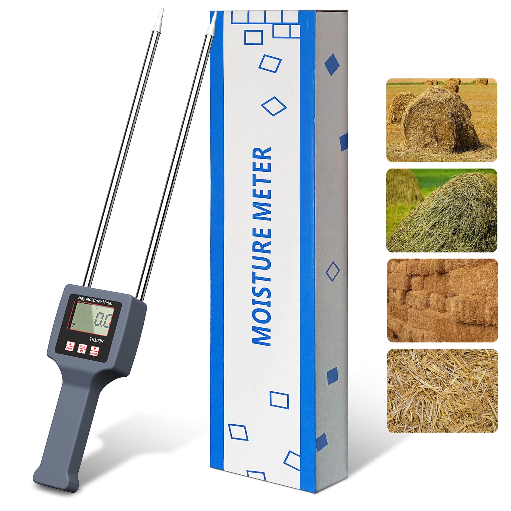 **Hay Moisture Tester with Probe – Accurate Digital Moisture & Temperature Detector for Forage, Alfalfa & Hay Bales – Portable LED Warning & Auto Temp Compensation – Ideal for Farming, Agriculture & Livestock Feed Storage**